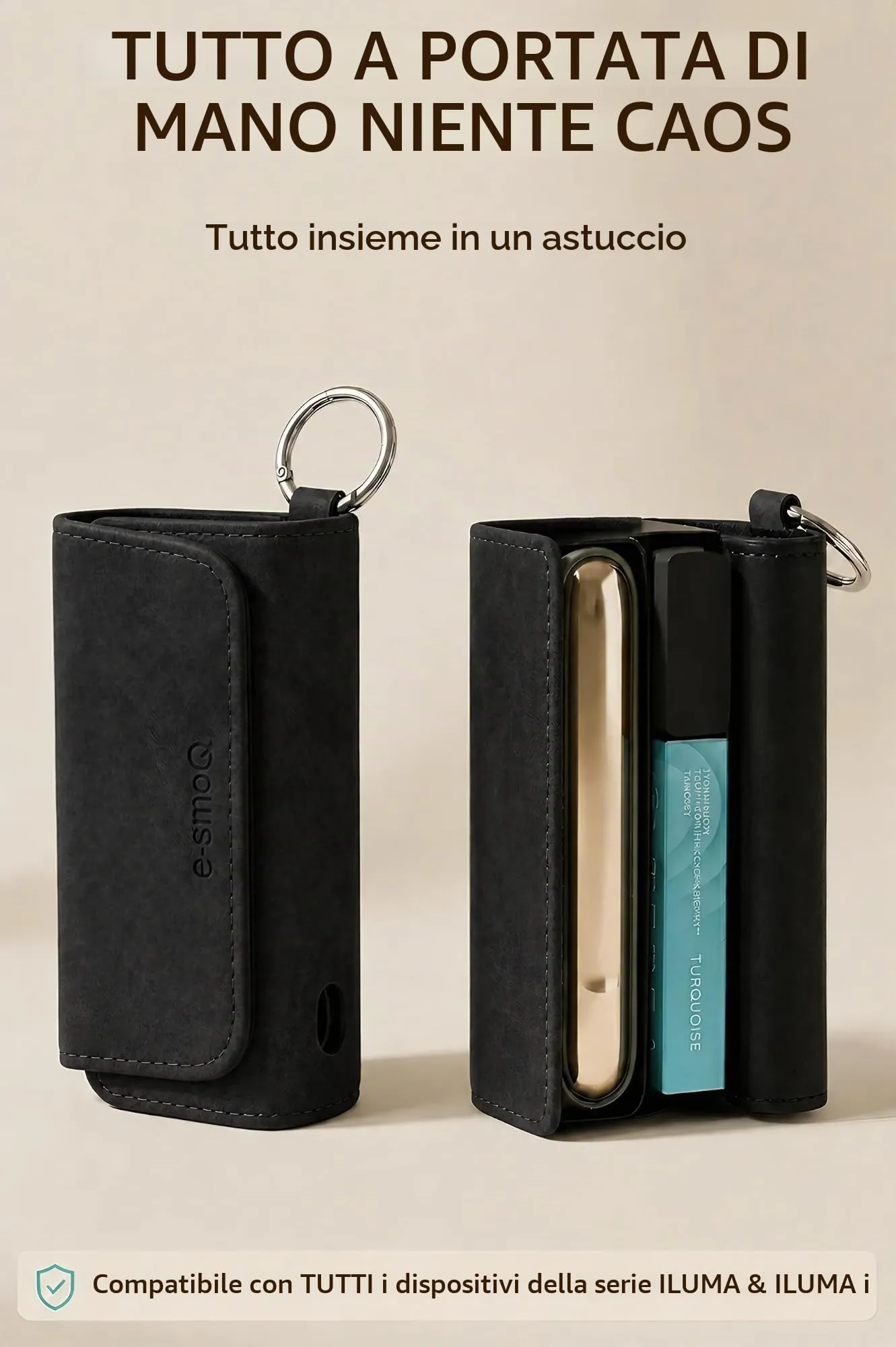 [20+ Colori] e-smoQ Custodia per IQOS ILUMA, Cover in Pelle PU di Alta Qualità - Borsello/Astuccio Sigaretta Elettronica, Organizer per Accessori (Nero) - immagine 2