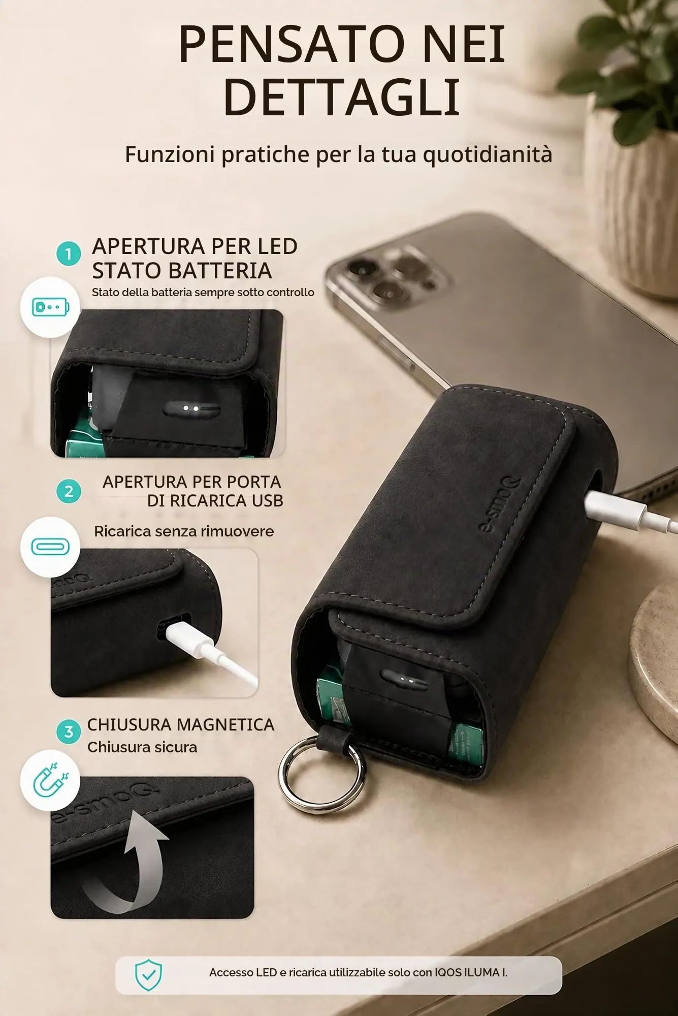 [20+ Colori] e-smoQ Custodia per IQOS ILUMA, Cover in Pelle PU di Alta Qualità - Borsello/Astuccio Sigaretta Elettronica, Organizer per Accessori (Nero) - immagine 6