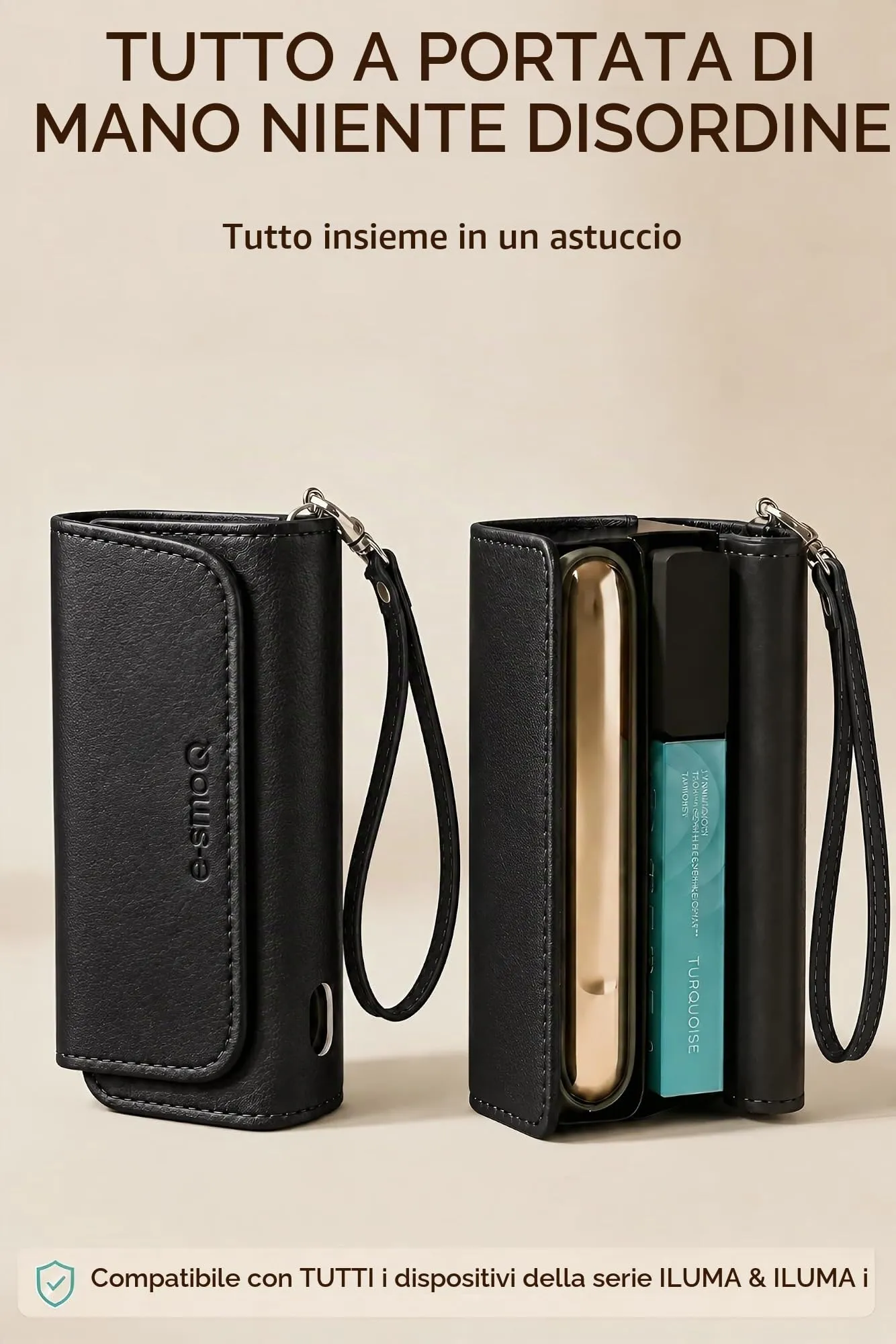 [20+ Colori] e-smoQ Custodia per IQOS ILUMA, Cover in Pelle PU di Alta Qualità - Borsello/Astuccio Sigaretta Elettronica, Organizer per Accessori (Nero) - immagine 2