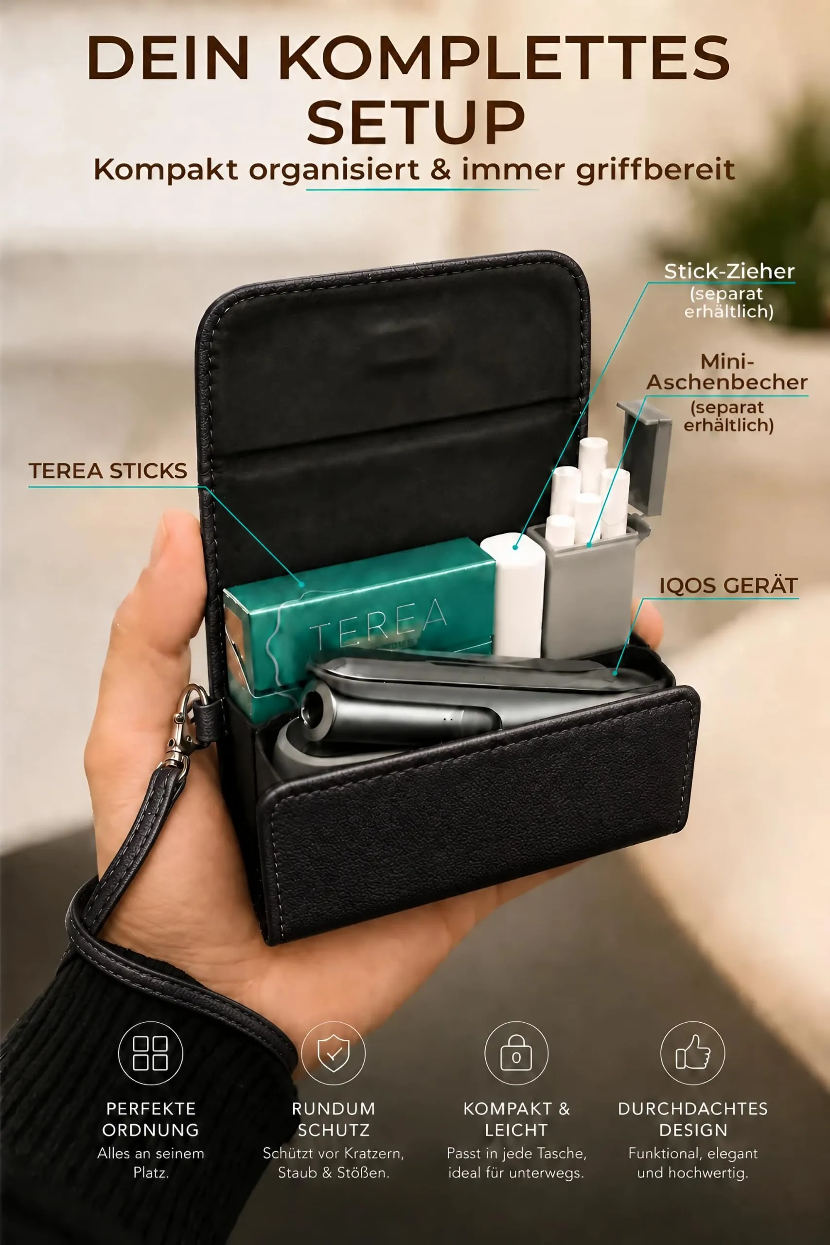 [20+ Colori] e-smoQ Custodia per IQOS ILUMA, Cover in Pelle PU di Alta Qualità - Borsello/Astuccio Sigaretta Elettronica, Organizer per Accessori (Nero) - immagine 3