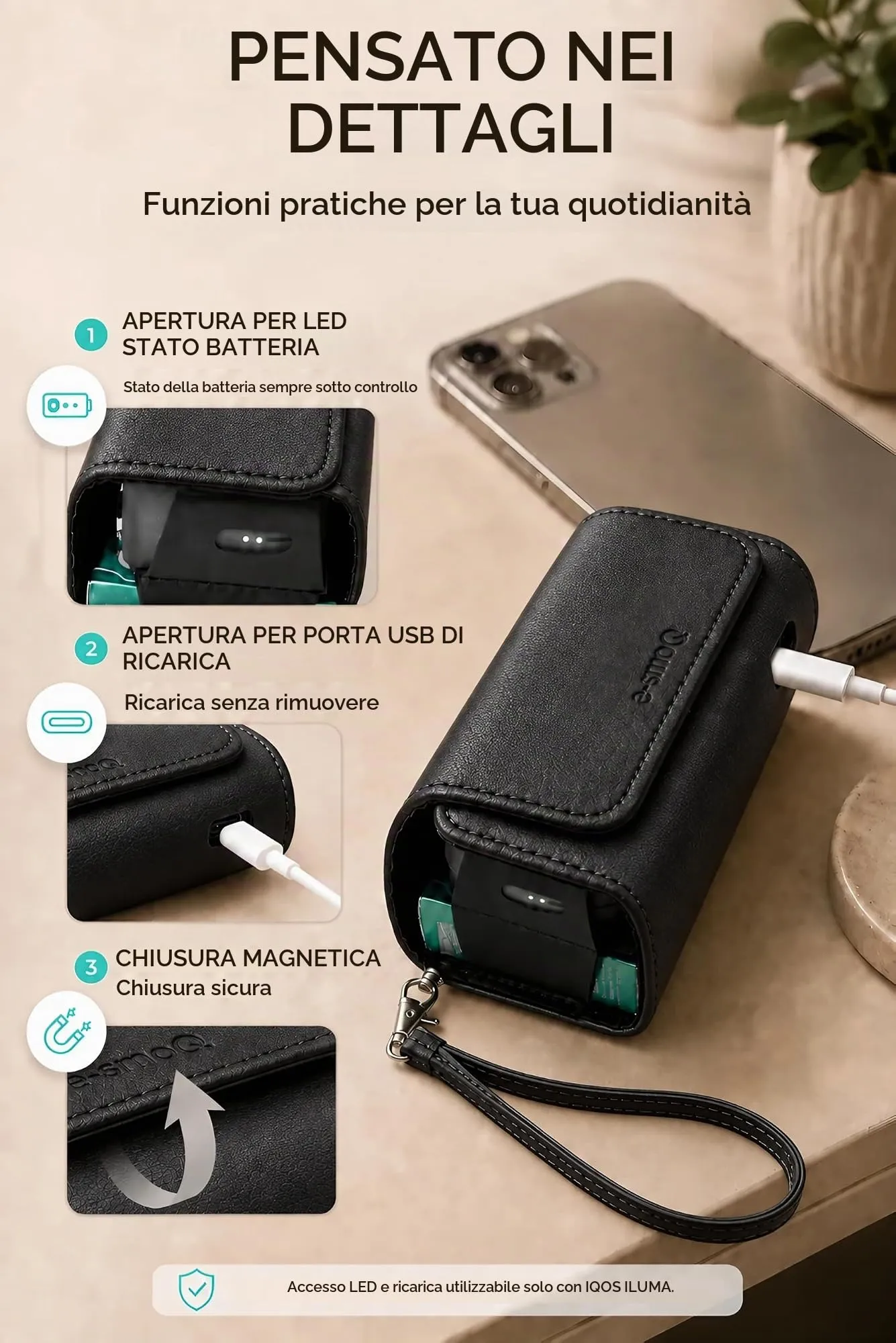 [20+ Colori] e-smoQ Custodia per IQOS ILUMA, Cover in Pelle PU di Alta Qualità - Borsello/Astuccio Sigaretta Elettronica, Organizer per Accessori (Nero) - immagine 6