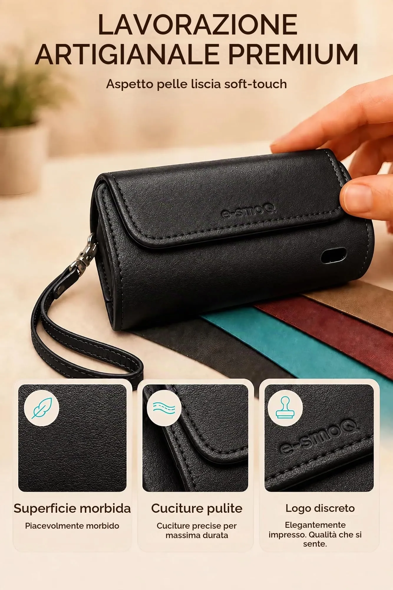 [20+ Colori] e-smoQ Custodia per IQOS ILUMA, Cover in Pelle PU di Alta Qualità - Borsello/Astuccio Sigaretta Elettronica, Organizer per Accessori (Nero) - immagine 8