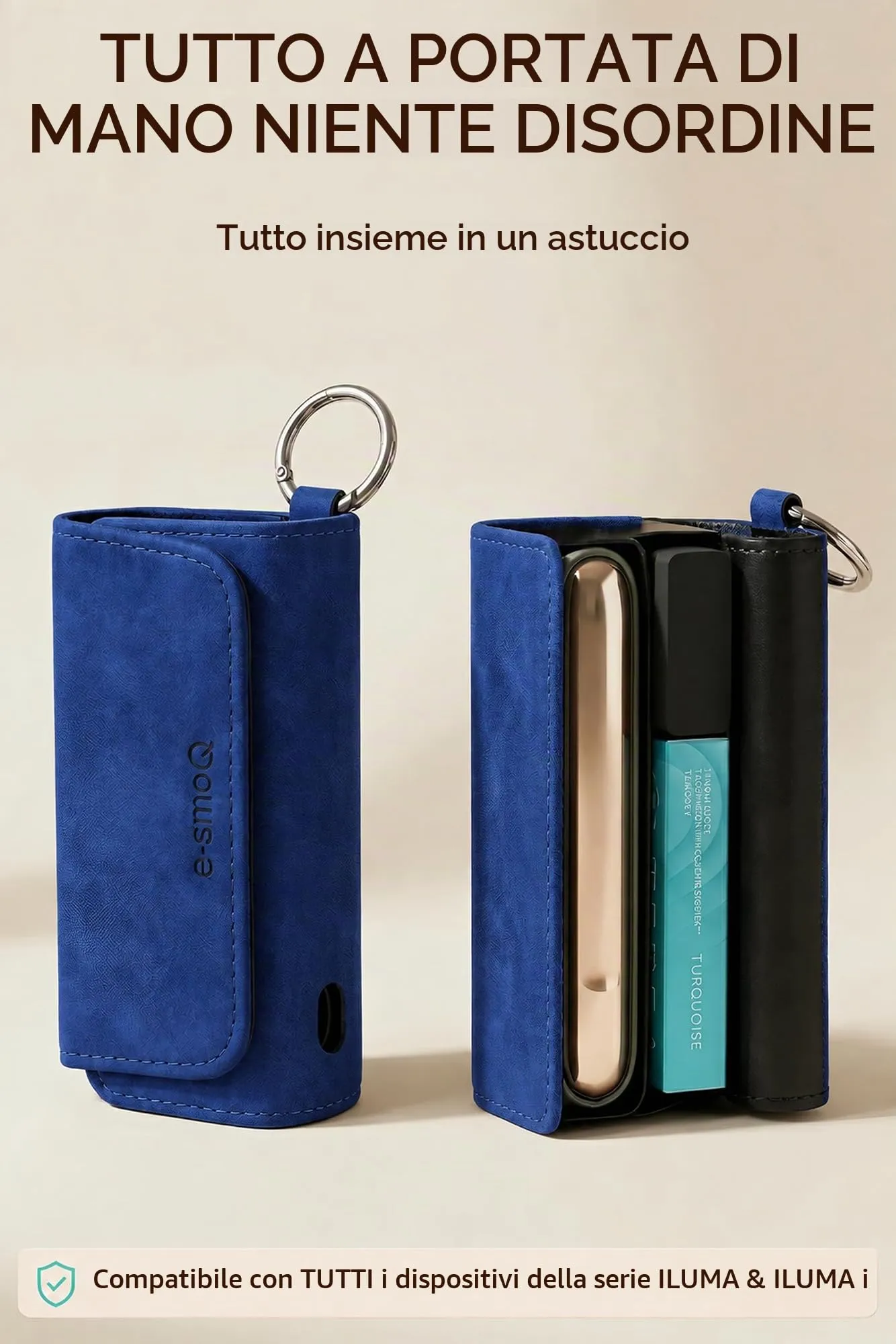 [20+ Colori] e-smoQ Custodia per IQOS ILUMA, Cover in Pelle PU di Alta Qualità - Borsello/Astuccio Sigaretta Elettronica, Organizer per Accessori (Blu) - immagine 2