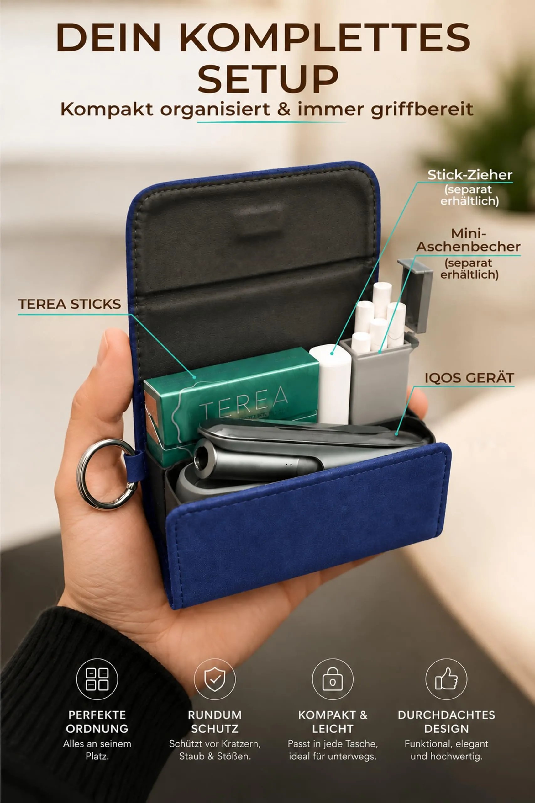 [20+ Colori] e-smoQ Custodia per IQOS ILUMA, Cover in Pelle PU di Alta Qualità - Borsello/Astuccio Sigaretta Elettronica, Organizer per Accessori (Blu) - immagine 3