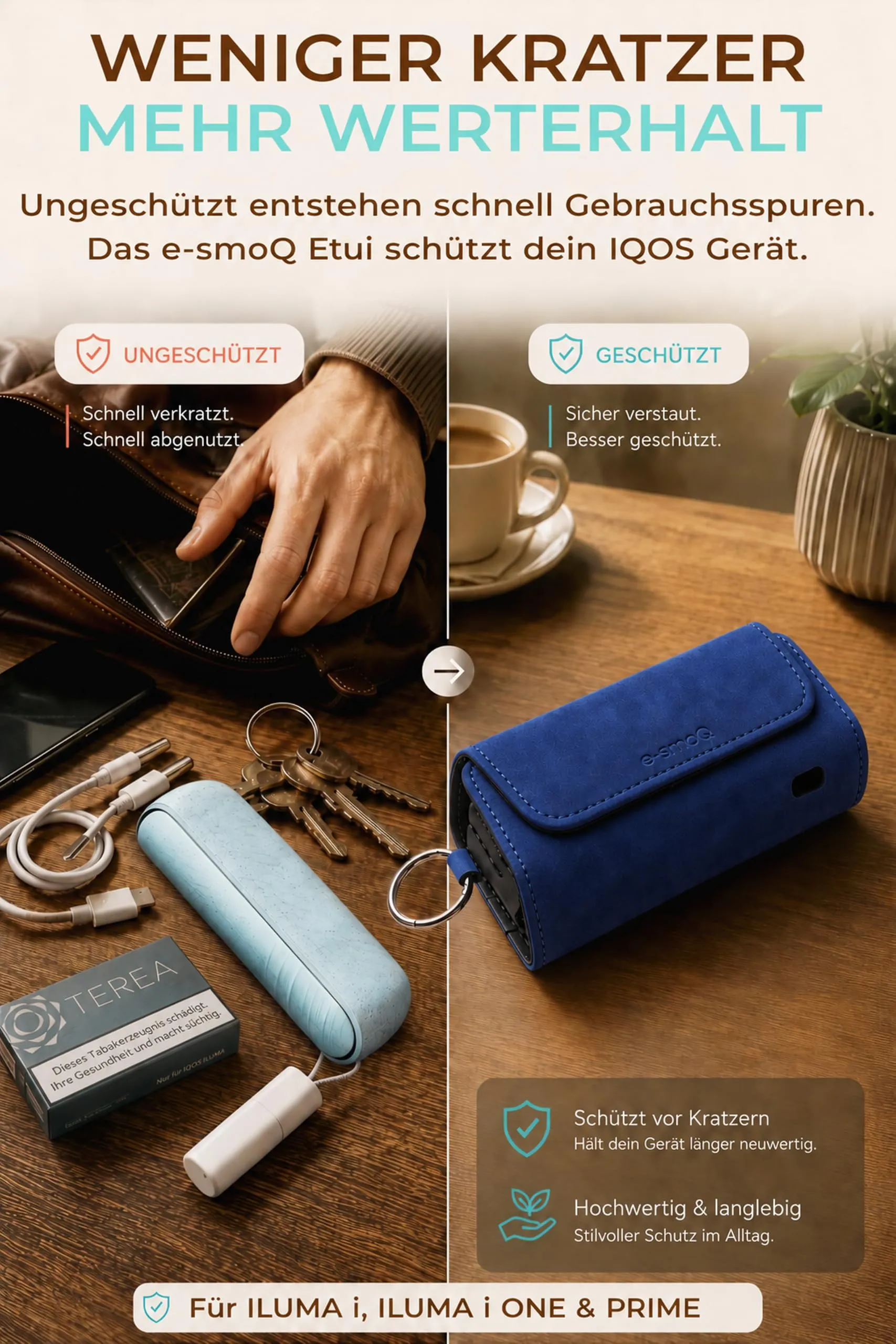 [20+ Colori] e-smoQ Custodia per IQOS ILUMA, Cover in Pelle PU di Alta Qualità - Borsello/Astuccio Sigaretta Elettronica, Organizer per Accessori (Blu) - immagine 5