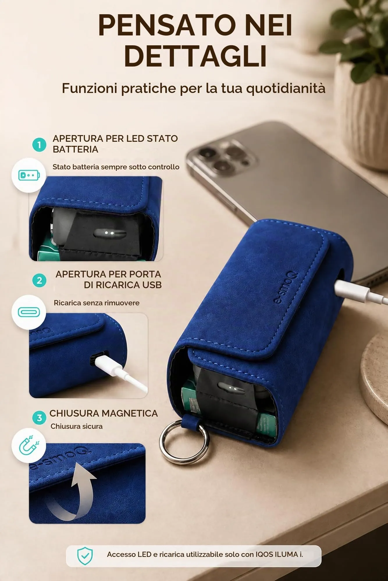 [20+ Colori] e-smoQ Custodia per IQOS ILUMA, Cover in Pelle PU di Alta Qualità - Borsello/Astuccio Sigaretta Elettronica, Organizer per Accessori (Blu) - immagine 6
