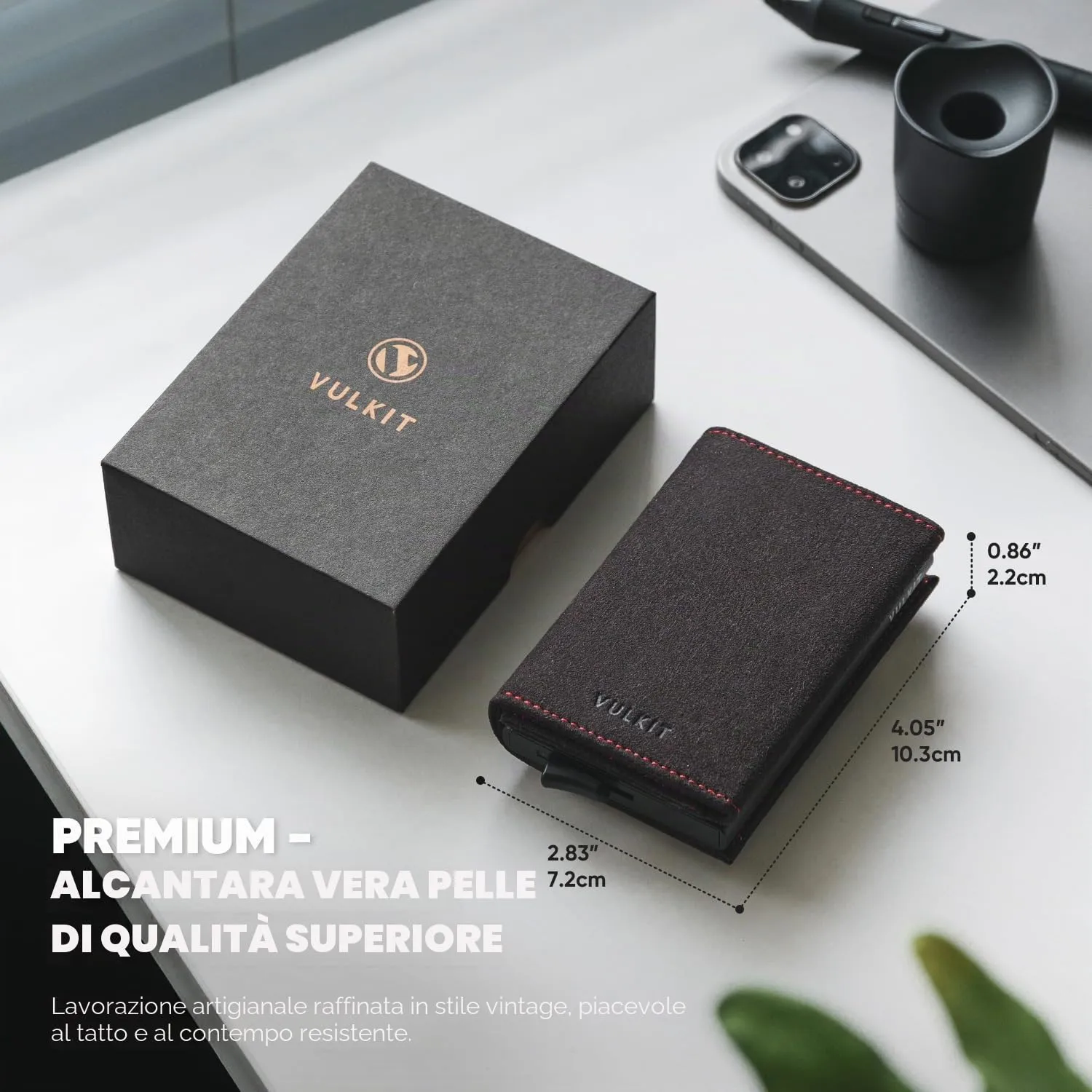 VULKIT Portafogli RFID Blocco Portafoglio Porta carte di credito uomo in pelle Flip per banconote e monete Porta carte di credito automatico Pop Up, Alcantara Grigio Scuro, S, Personalizzato moderno - immagine 2