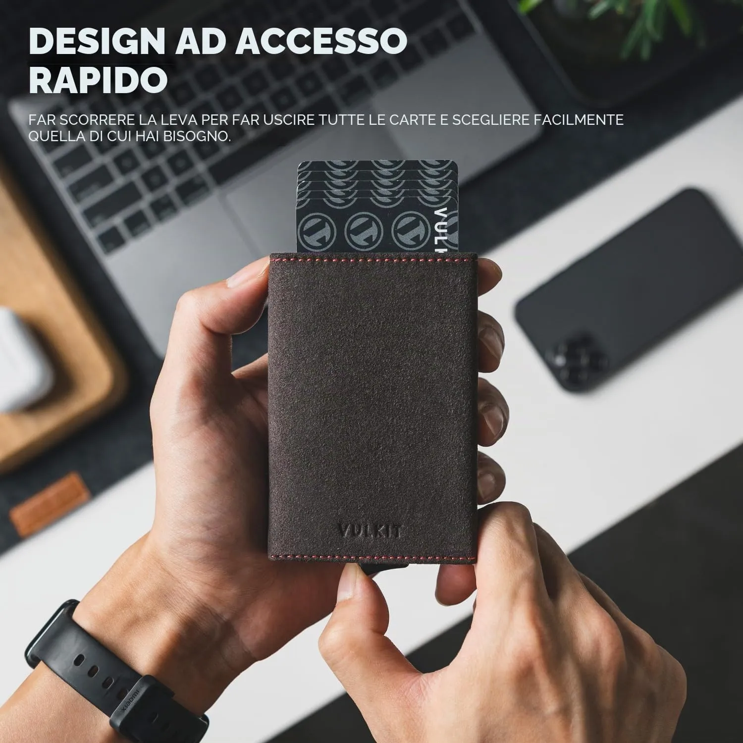 VULKIT Portafogli RFID Blocco Portafoglio Porta carte di credito uomo in pelle Flip per banconote e monete Porta carte di credito automatico Pop Up, Alcantara Grigio Scuro, S, Personalizzato moderno - immagine 3