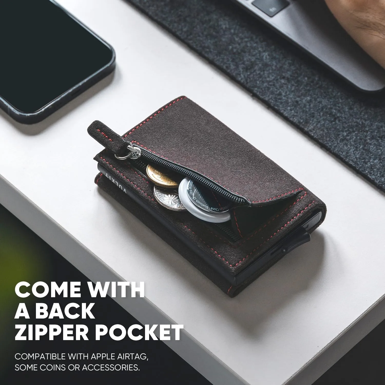VULKIT Portafogli RFID Blocco Portafoglio Porta carte di credito uomo in pelle Flip per banconote e monete Porta carte di credito automatico Pop Up, Alcantara Grigio Scuro, S, Personalizzato moderno - immagine 5
