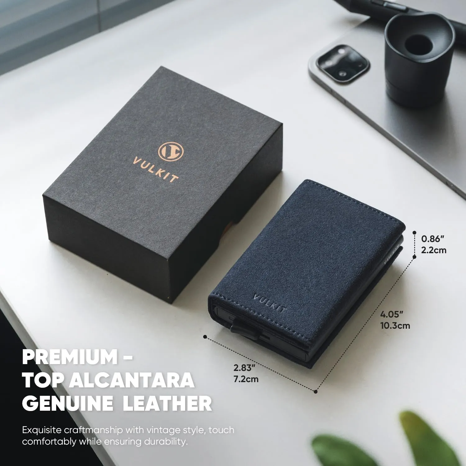 VULKIT Porta Carte di Credito Uomo Porta Carta Bancaria in Pelle RFID Portafoglio Pop Up con 3 Slot per Carte & Biglietti.., Alcantara - Blu marino, S, Minimalista - immagine 2