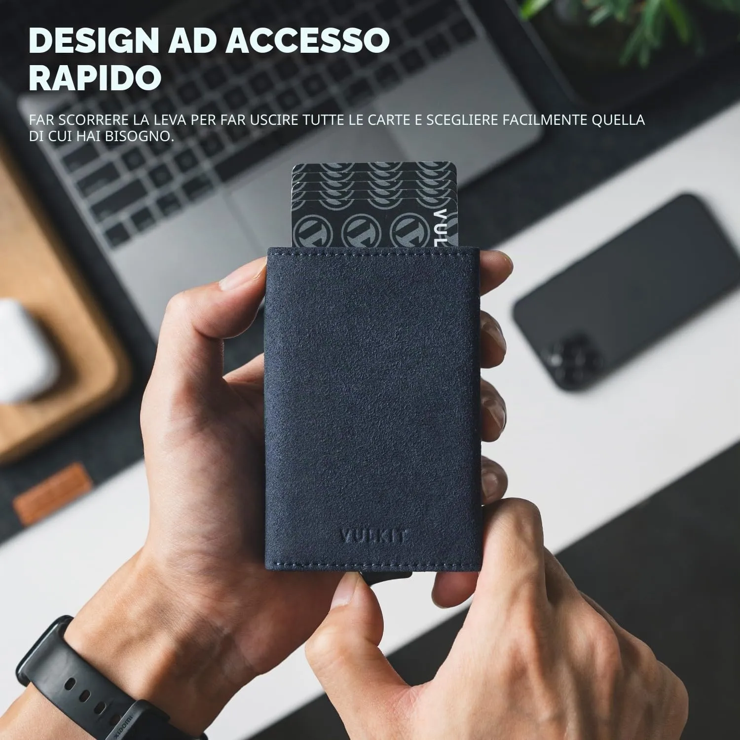 VULKIT Porta Carte di Credito Uomo Porta Carta Bancaria in Pelle RFID Portafoglio Pop Up con 3 Slot per Carte & Biglietti.., Alcantara - Blu marino, S, Minimalista - immagine 3