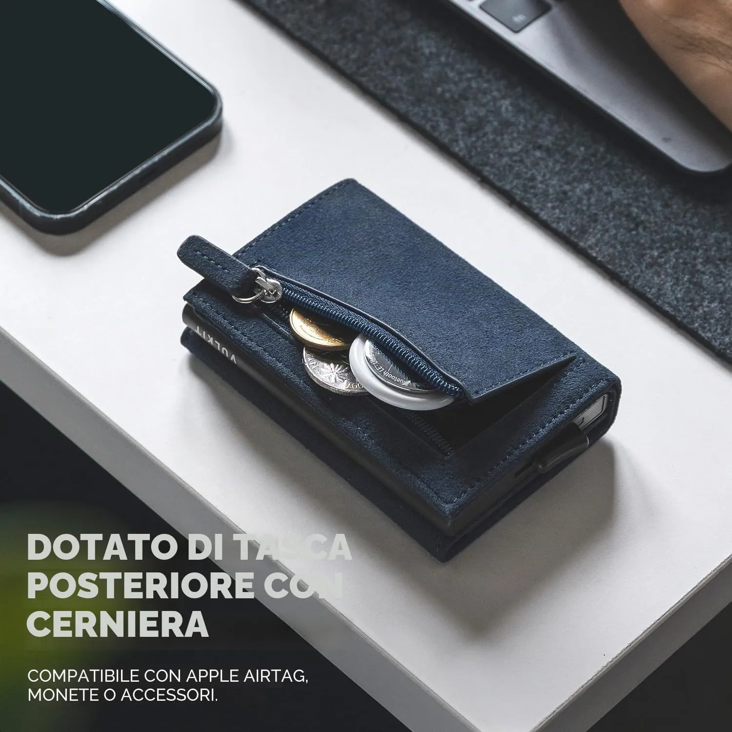 VULKIT Porta Carte di Credito Uomo Porta Carta Bancaria in Pelle RFID Portafoglio Pop Up con 3 Slot per Carte & Biglietti.., Alcantara - Blu marino, S, Minimalista - immagine 5