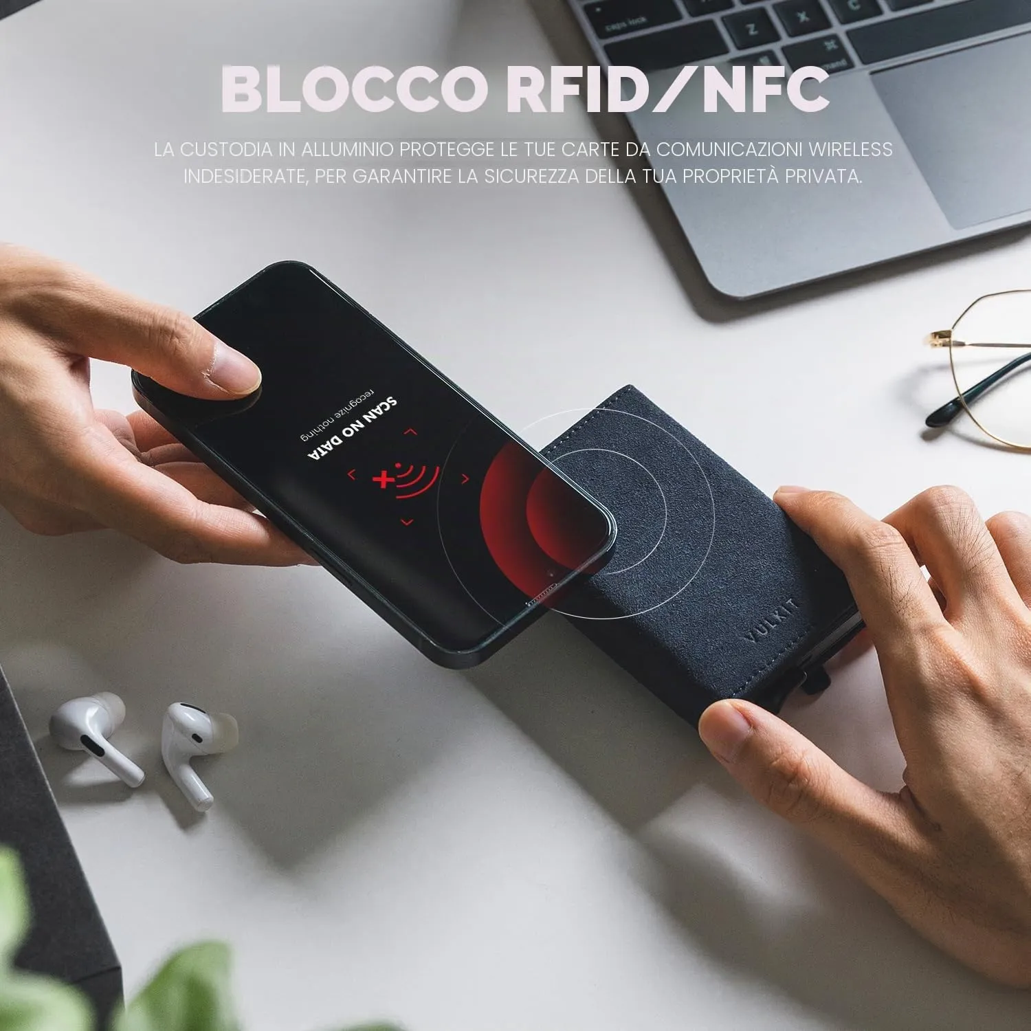 VULKIT Porta Carte di Credito Uomo Porta Carta Bancaria in Pelle RFID Portafoglio Pop Up con 3 Slot per Carte & Biglietti.., Alcantara - Blu marino, S, Minimalista - immagine 6