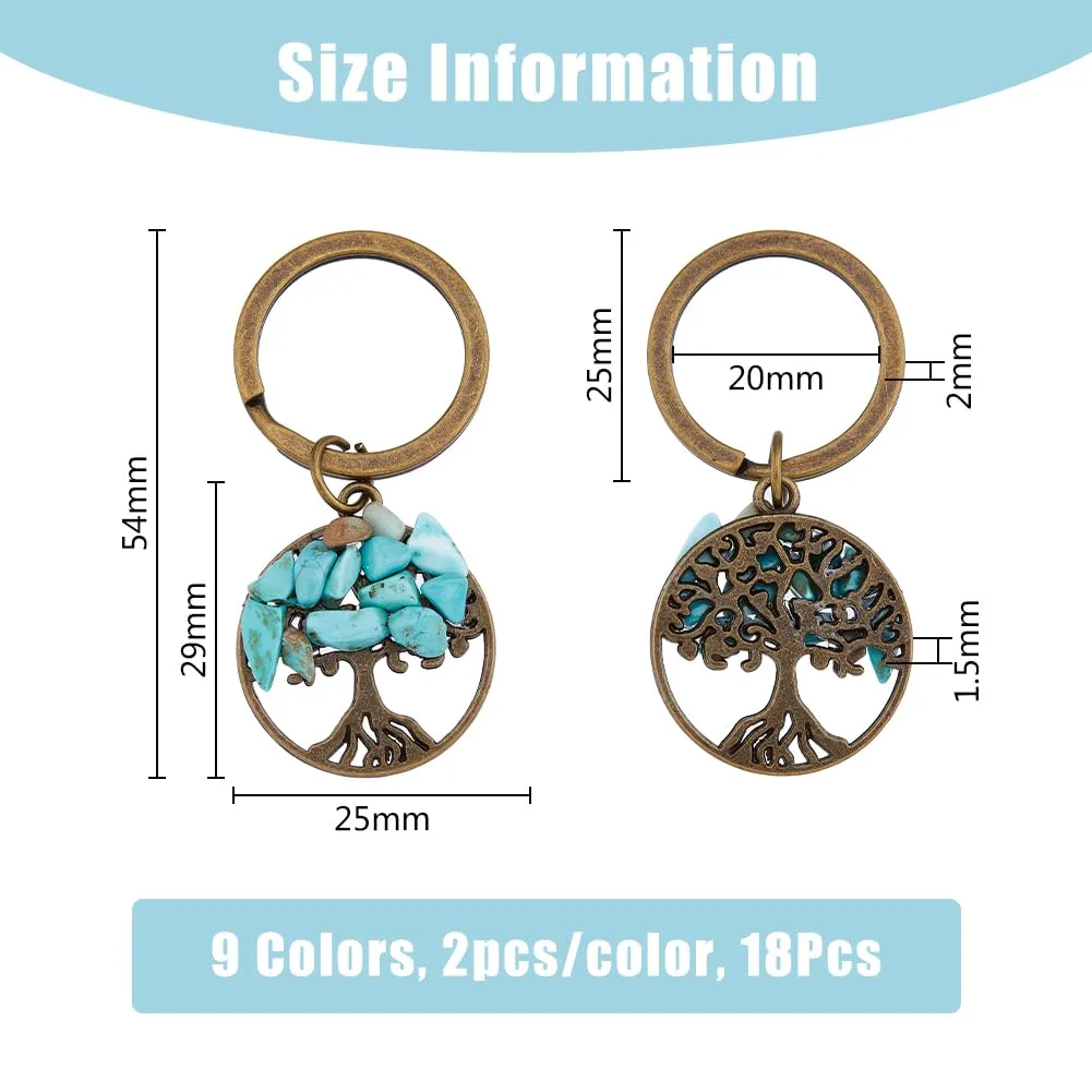 SUPERFINDINGS 18 Pz 9 Colori Albero Della Vita Portachiavi Pietra Preziosa Di Cristallo Naturale Piatto Rotondo Fatto A Mano Ciondolo In Lega Bomboniera - immagine 2