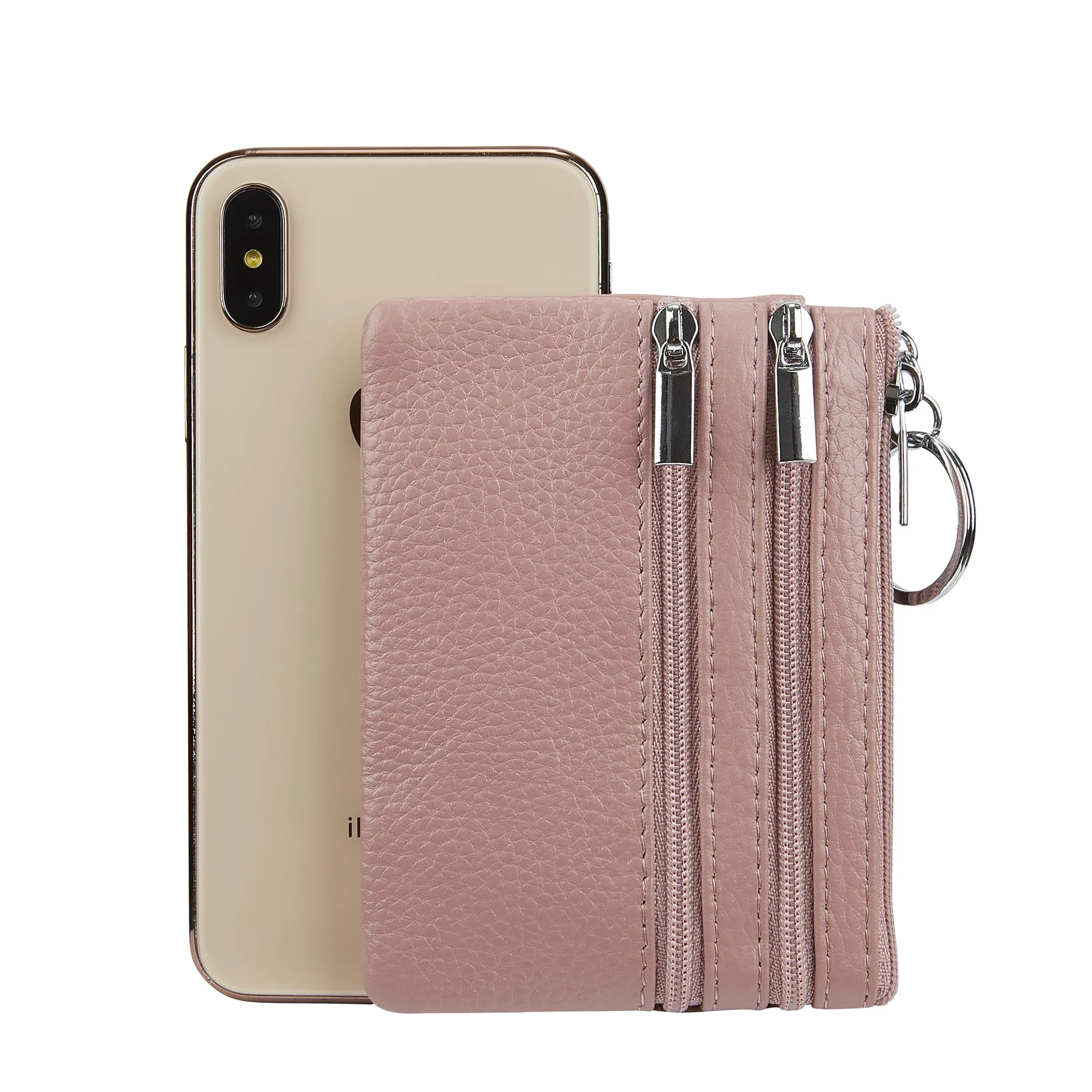 Portamonete da donna in vera pelle con portachiavi, Rosa scuro, One Size, Sacchetto portamonete - immagine 5