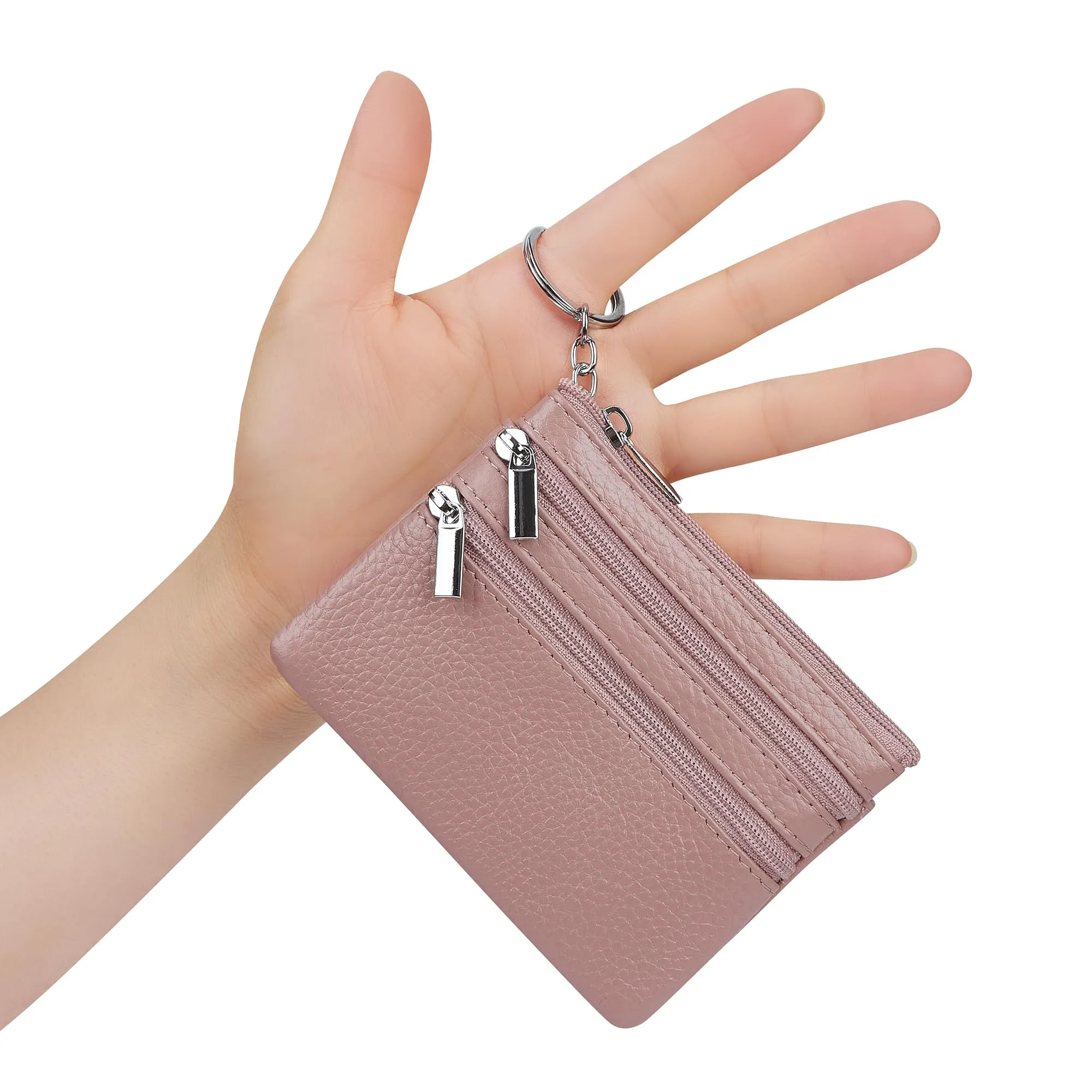 Portamonete da donna in vera pelle con portachiavi, Rosa scuro, One Size, Sacchetto portamonete - immagine 7