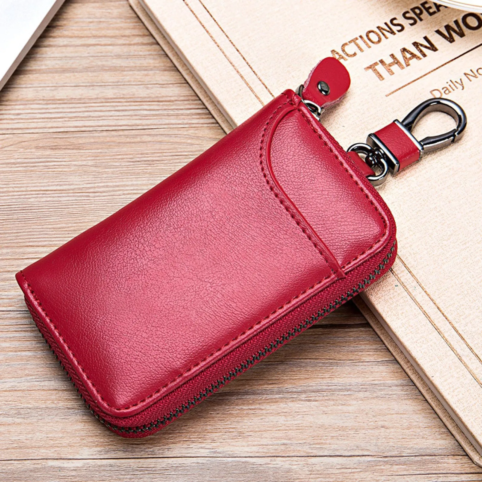 Portachiavi in Pelle, Raccoglitore Chiave multifunzione,Borse universali per auto portachiavi per uomo donna,Tasche e Ganci, portafoglio portachiavi Impermeabile (rosso) - immagine 2
