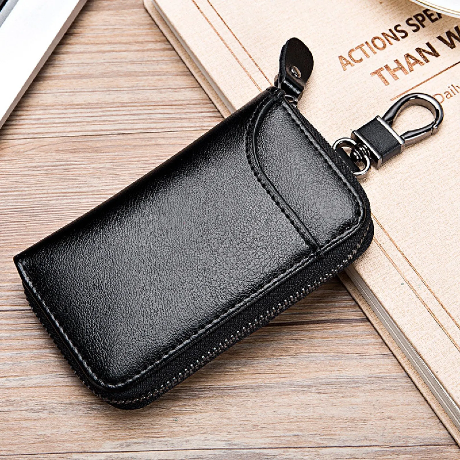 LTLSZRN Portachiavi in Pelle, Raccoglitore Chiave multifunzione,Borse universali per auto portachiavi per uomo donna,Tasche e Ganci, portafoglio portachiavi Impermeabile (nero) - immagine 7