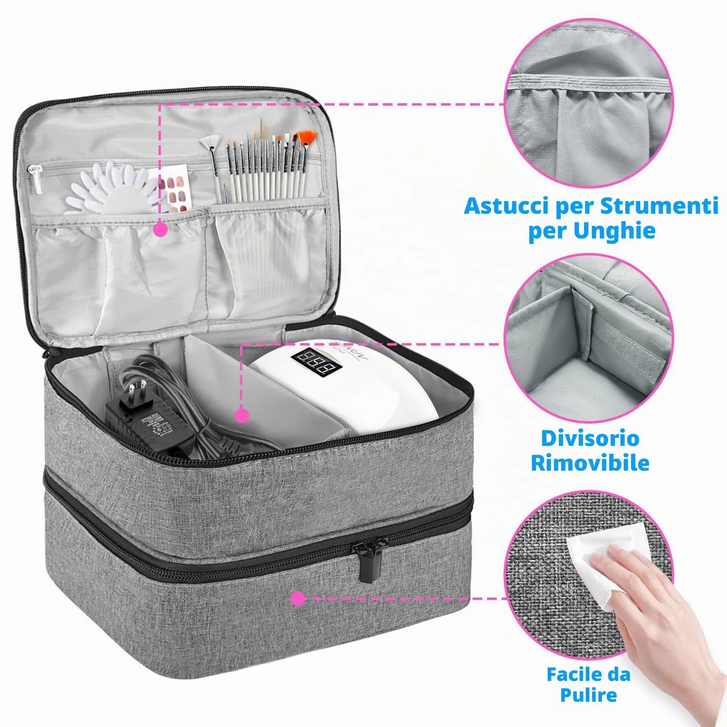 BOHEMIABY Porta Smalti Organizer, Borsa Porta Smalti può Ospitare 30 Smalto Unghie, Scatola da Viaggio Per Smalti, Valigia per Unghie Professionale Mettere Fornetto Unghie Semipermanente (Grigio) - immagine 3
