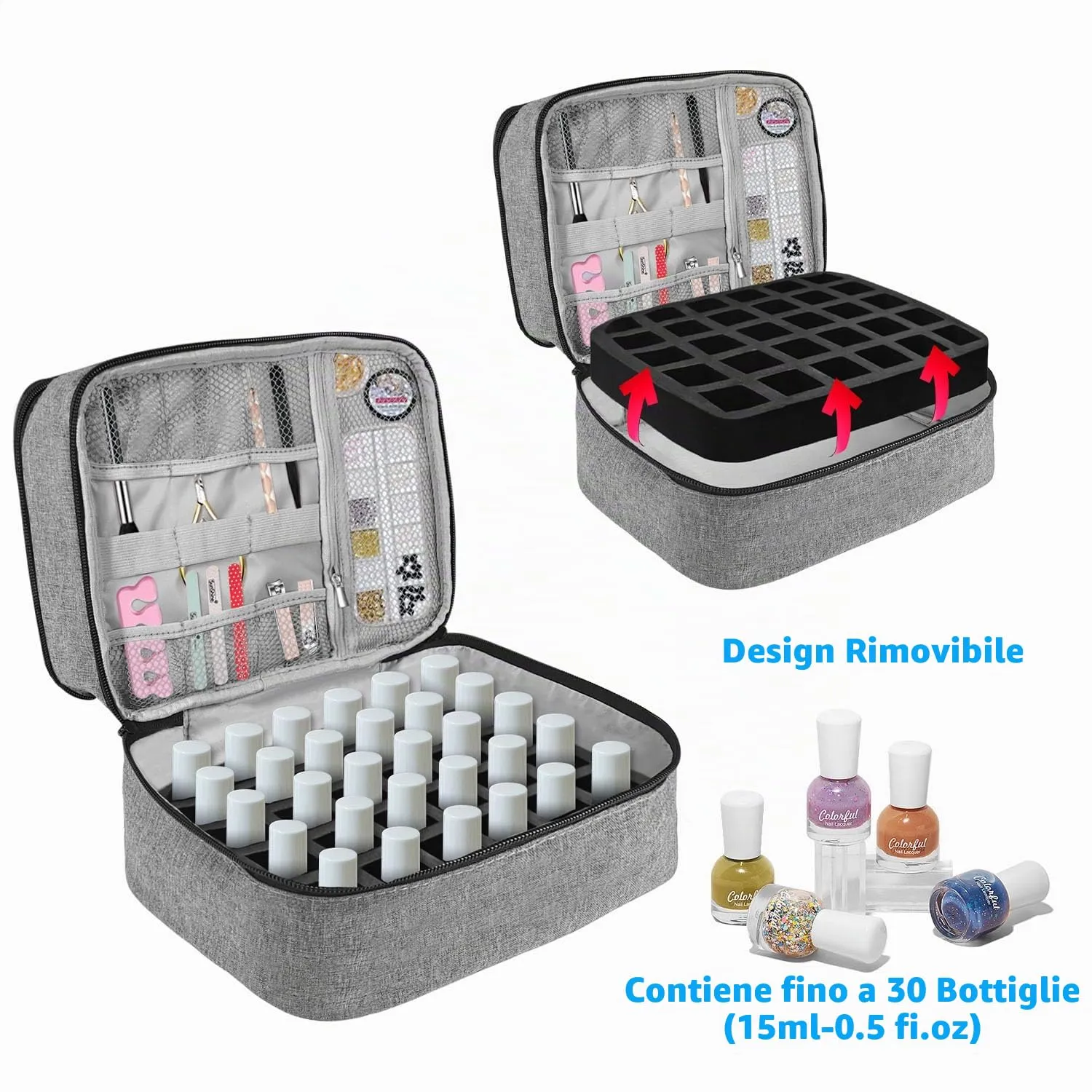BOHEMIABY Porta Smalti Organizer, Borsa Porta Smalti può Ospitare 30 Smalto Unghie, Scatola da Viaggio Per Smalti, Valigia per Unghie Professionale Mettere Fornetto Unghie Semipermanente (Grigio) - immagine 4