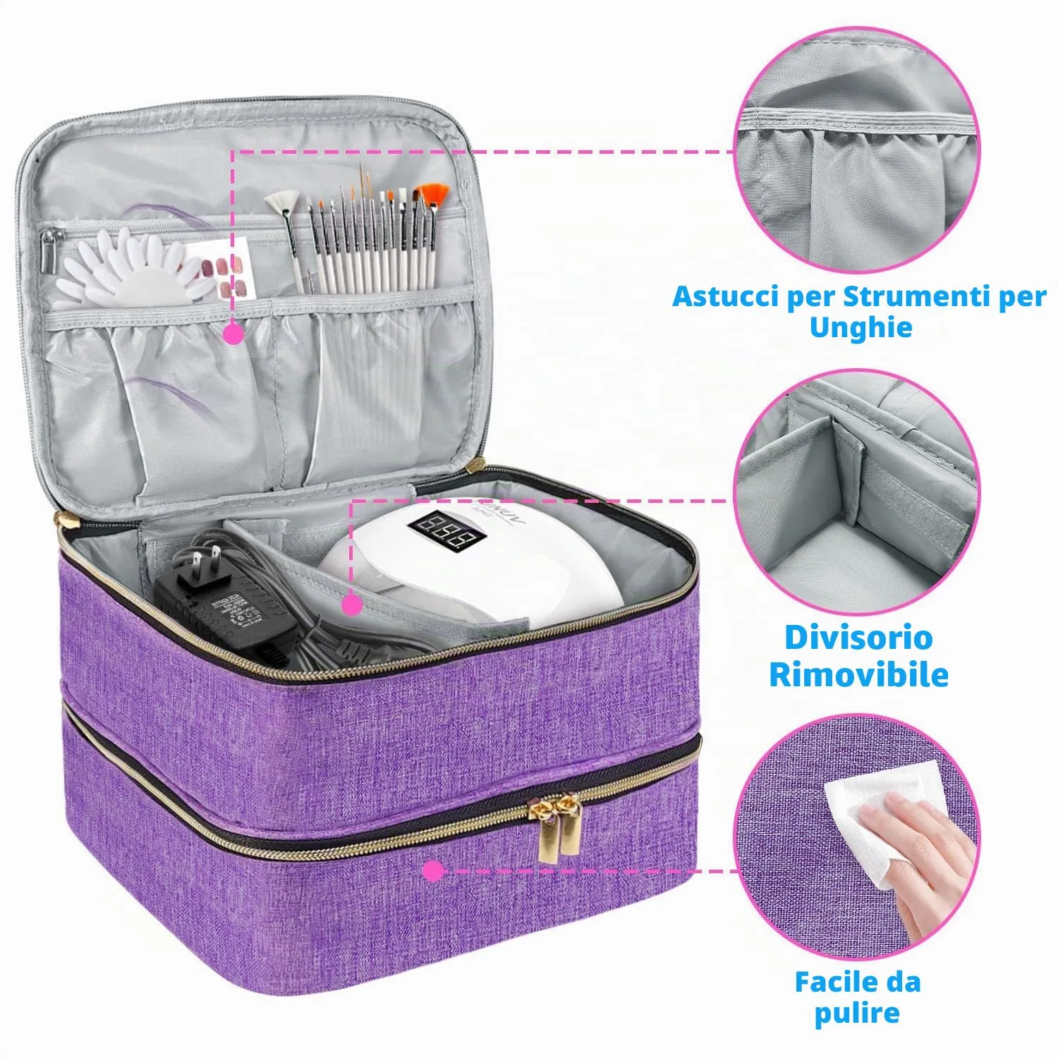 BOHEMIABY Porta Smalti Organizer, Borsa Porta Smalti può Ospitare 30 Smalto Unghie, Scatola da Viaggio Per Smalti, Valigia per Unghie Professionale Mettere Fornetto Unghie Semipermanente (Viola) - immagine 3