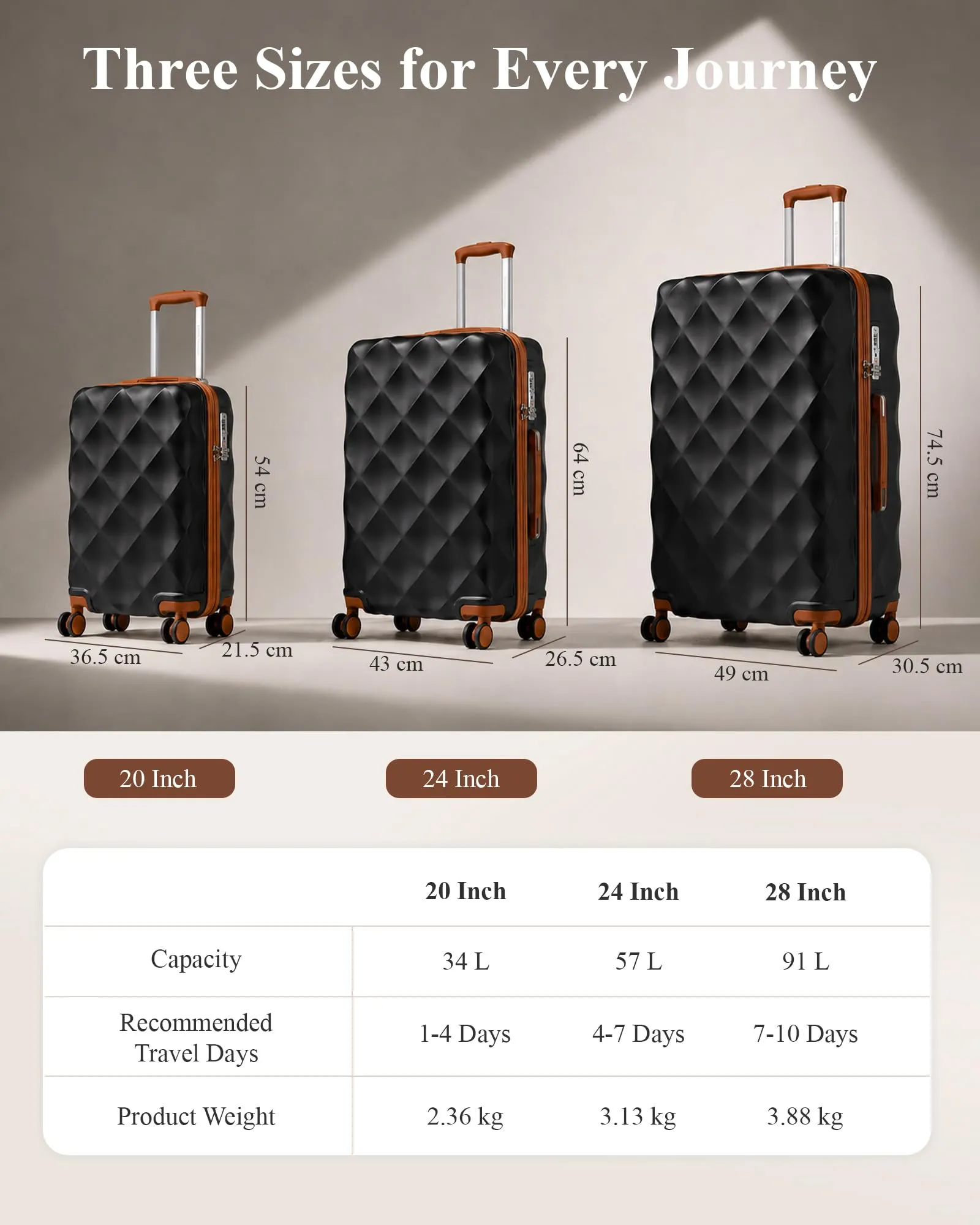 British Traveller Valigia 74,5CM Rigida ABS+PC 4 Ruote TSA Nero/Marrone - immagine 3