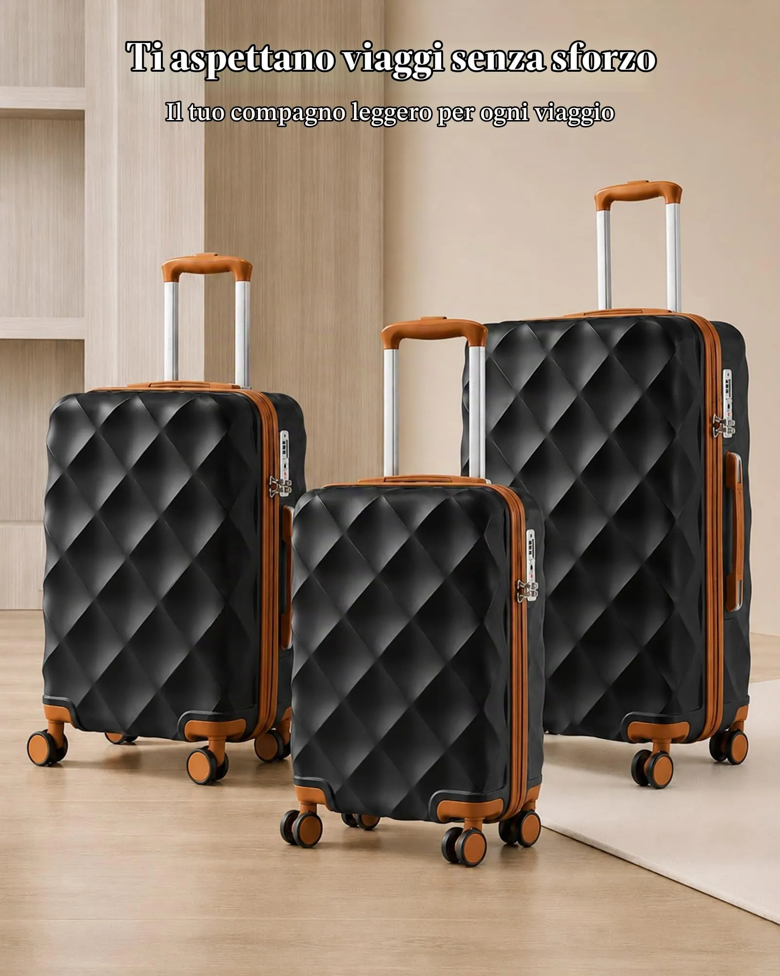 British Traveller Valigia 74,5CM Rigida ABS+PC 4 Ruote TSA Nero/Marrone - immagine 6