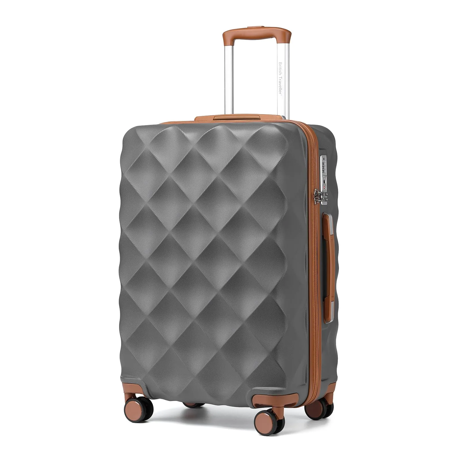 British Traveller Valigia 64cm Medium Rigida ABS+PC 4 Ruote TSA Grigio/Marrone - immagine 1