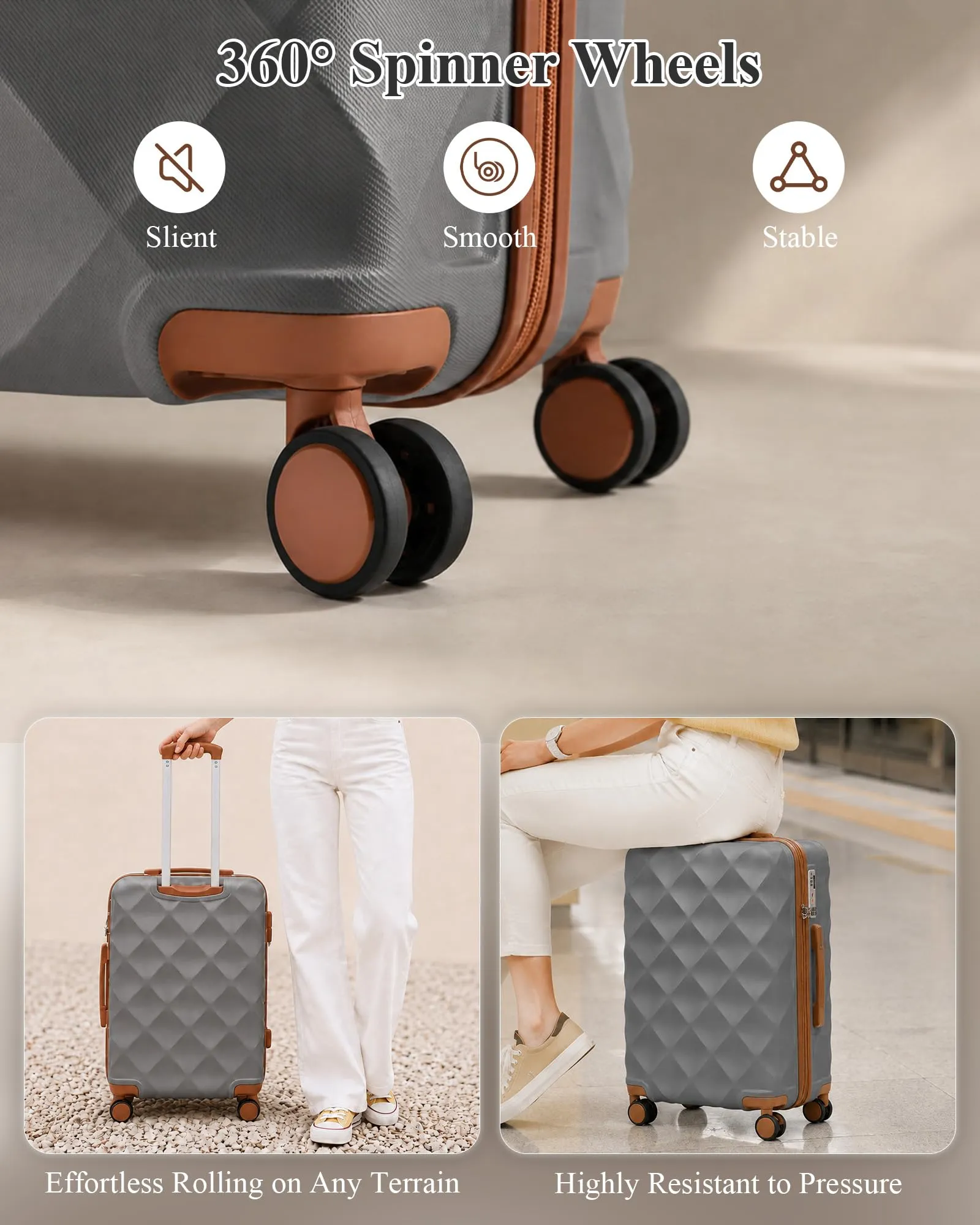 British Traveller Valigia 64cm Medium Rigida ABS+PC 4 Ruote TSA Grigio/Marrone - immagine 4