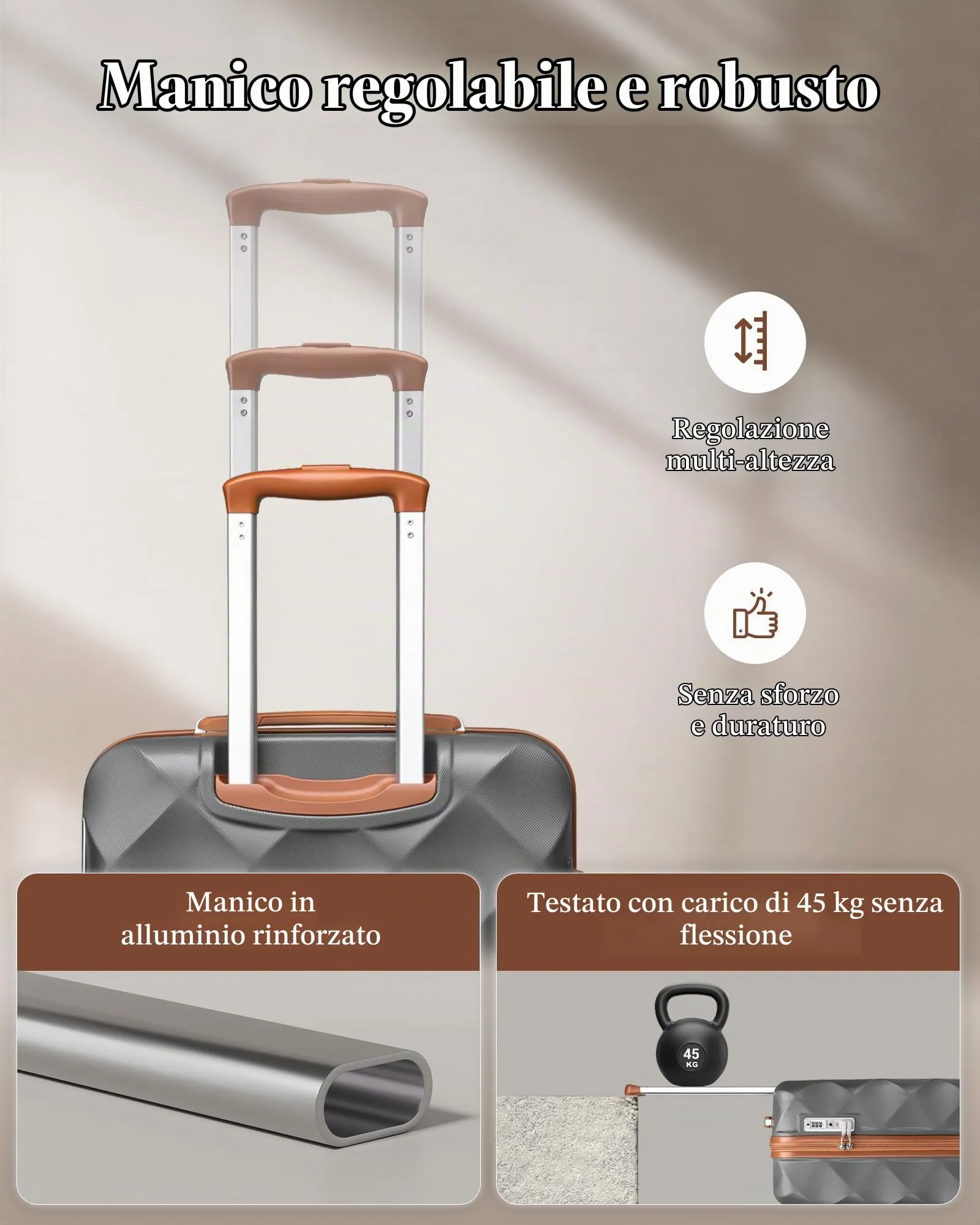 British Traveller Valigia 64cm Medium Rigida ABS+PC 4 Ruote TSA Grigio/Marrone - immagine 5