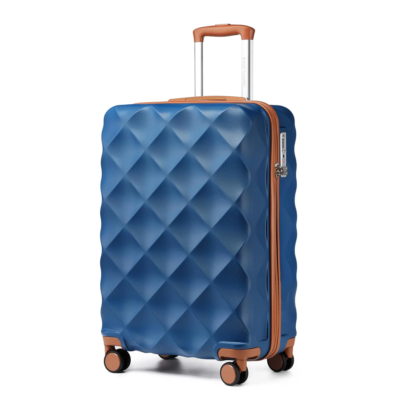 British Traveller Valigia 54CM Rigida ABS+PC 4 Ruote TSA Blu/Marrone - immagine 1