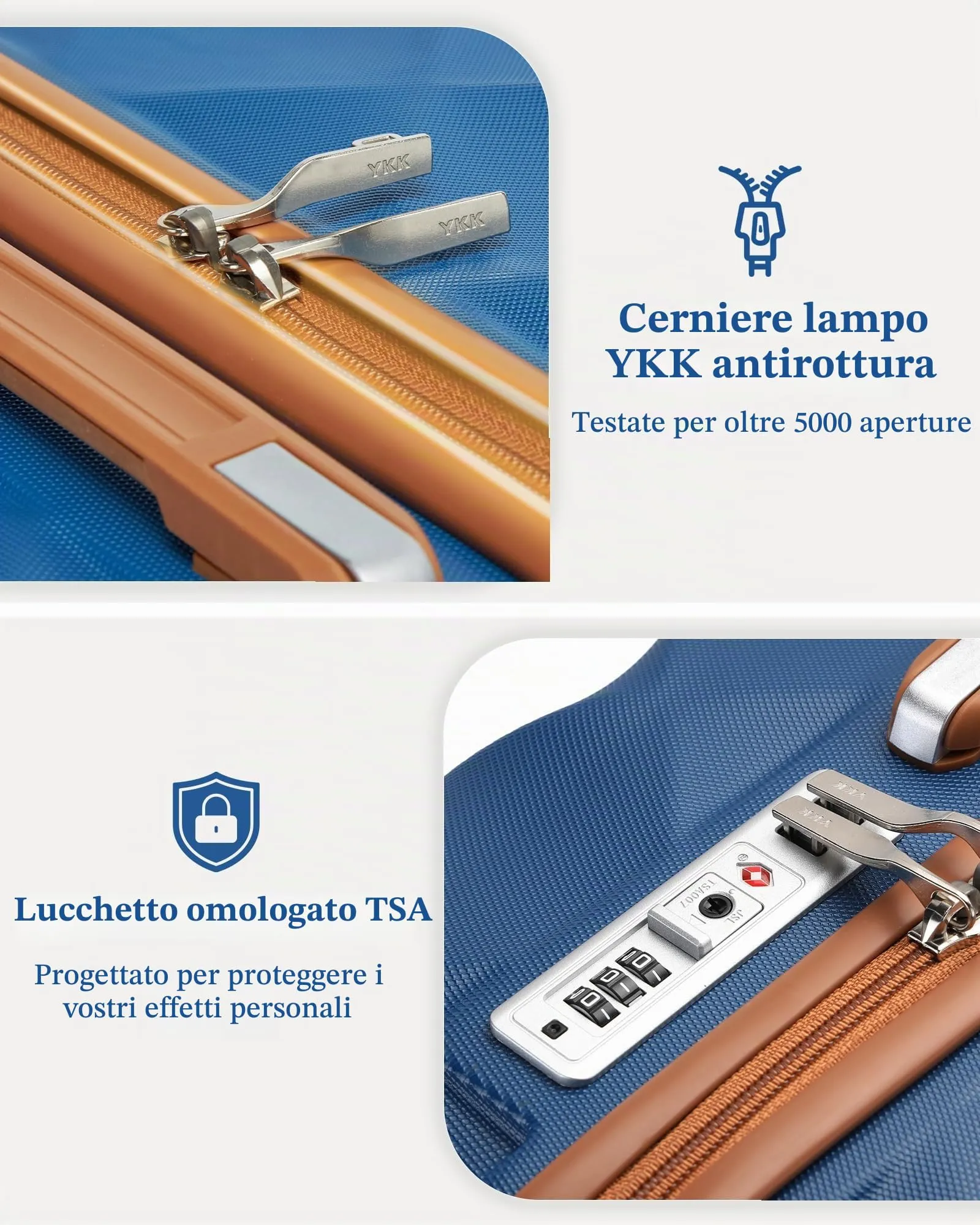 British Traveller Valigia 54CM Rigida ABS+PC 4 Ruote TSA Blu/Marrone - immagine 2