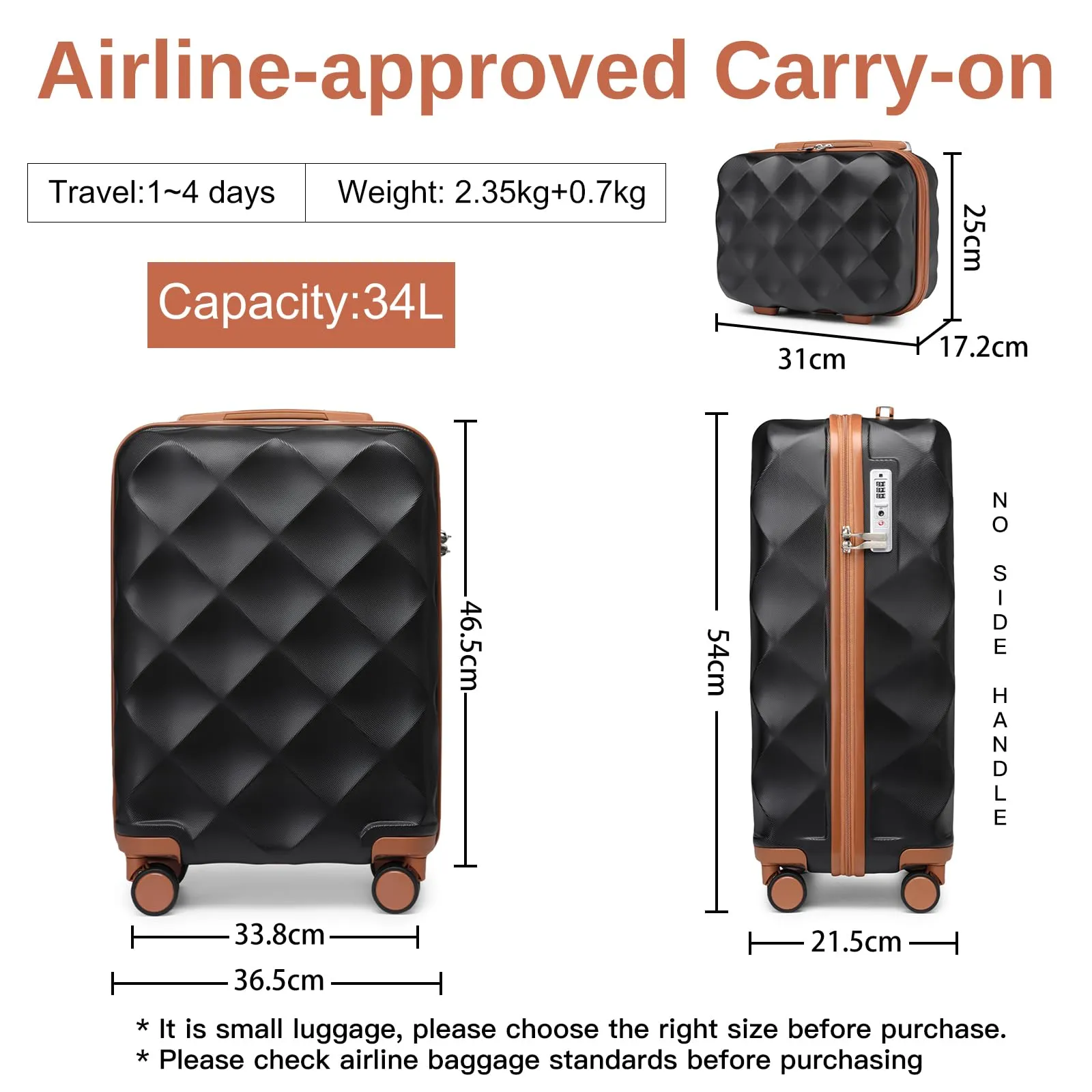 British Traveller Set di 2 Valige 31/54CM Valigia Trolley Rigida ABS+PC con Rotelle Girevoli e TSA Lucchetto (13+20pollici, Nero/Marrone) - immagine 2