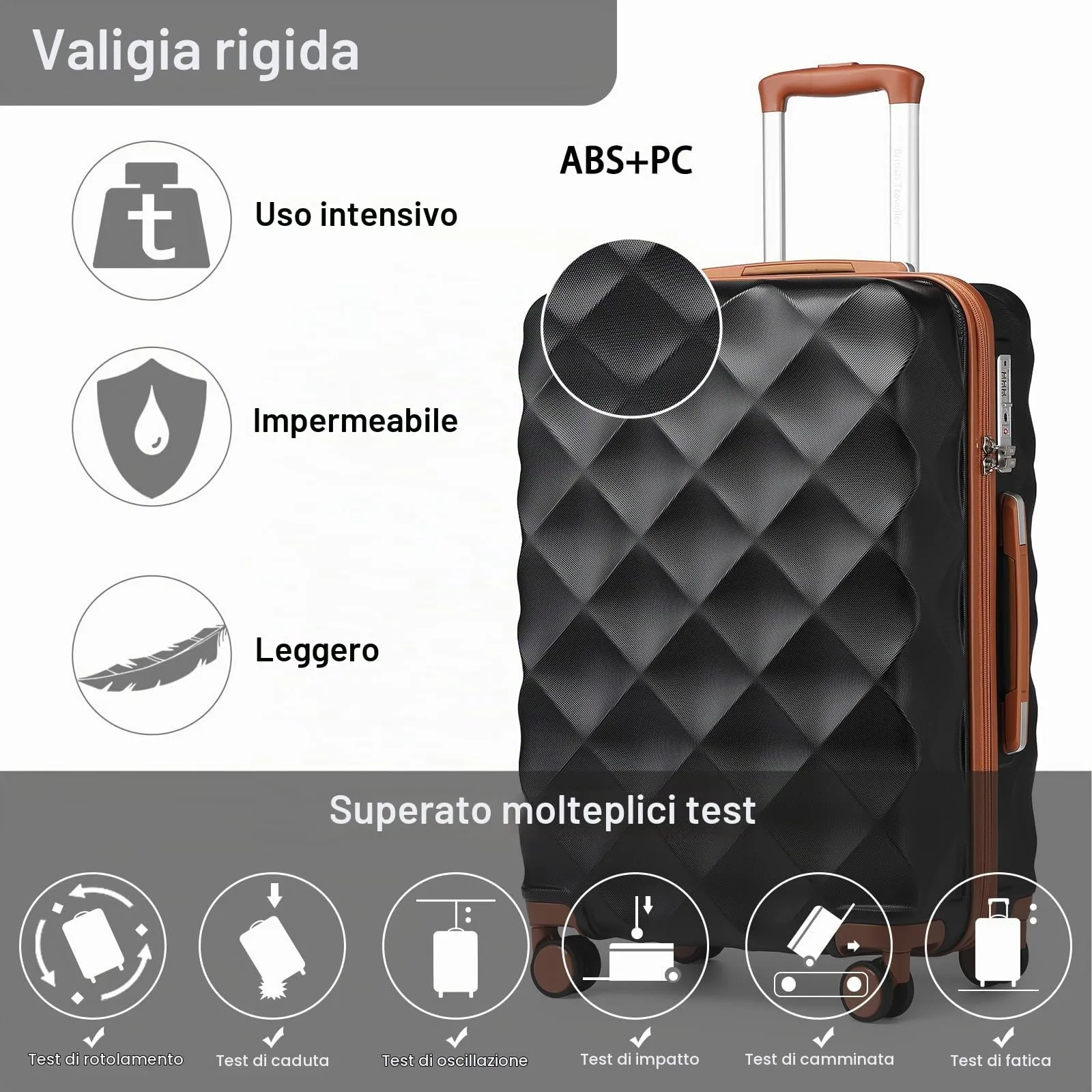 British Traveller Set di 2 Valige 31/54CM Valigia Trolley Rigida ABS+PC con Rotelle Girevoli e TSA Lucchetto (13+20pollici, Nero/Marrone) - immagine 3