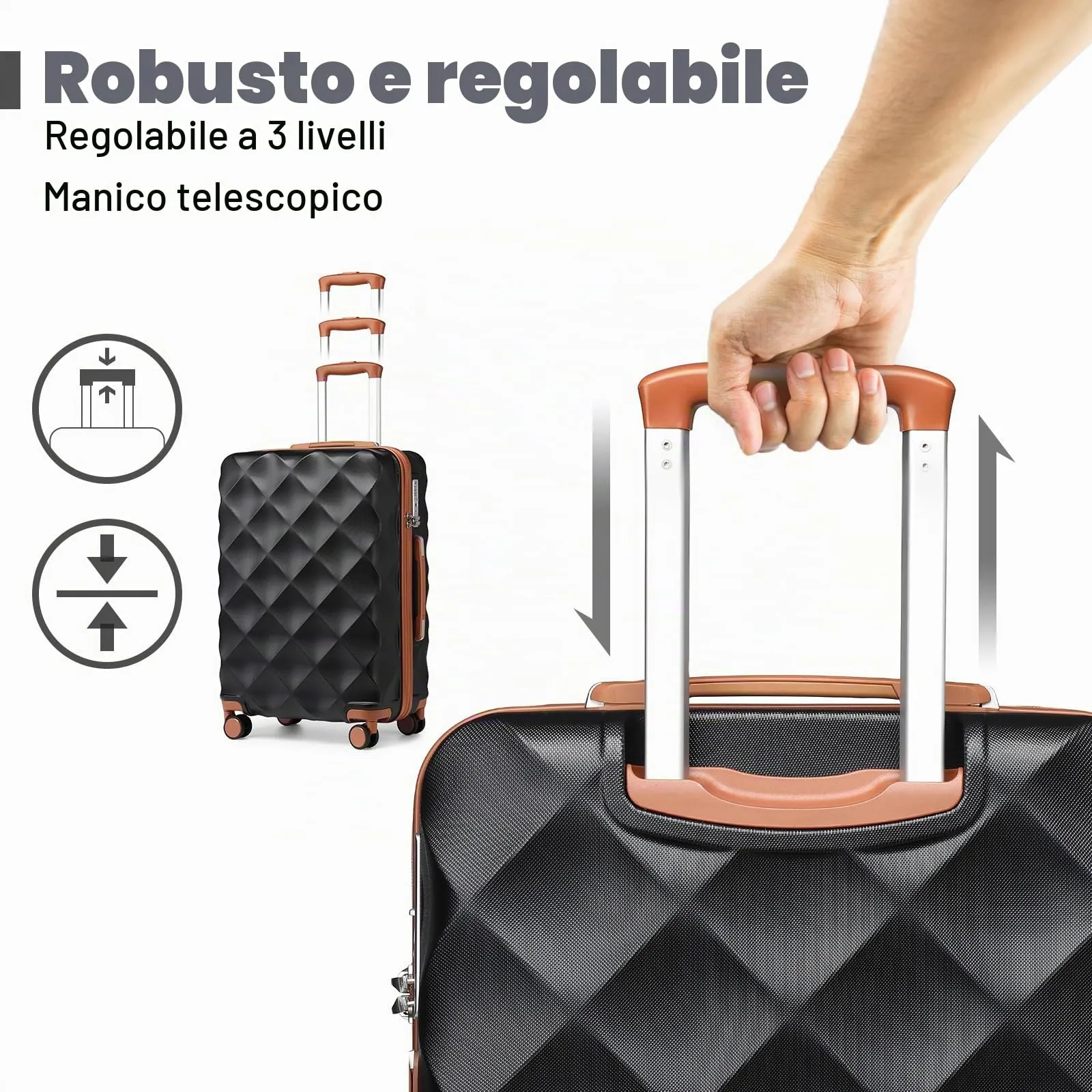 British Traveller Set di 2 Valige 31/54CM Valigia Trolley Rigida ABS+PC con Rotelle Girevoli e TSA Lucchetto (13+20pollici, Nero/Marrone) - immagine 5