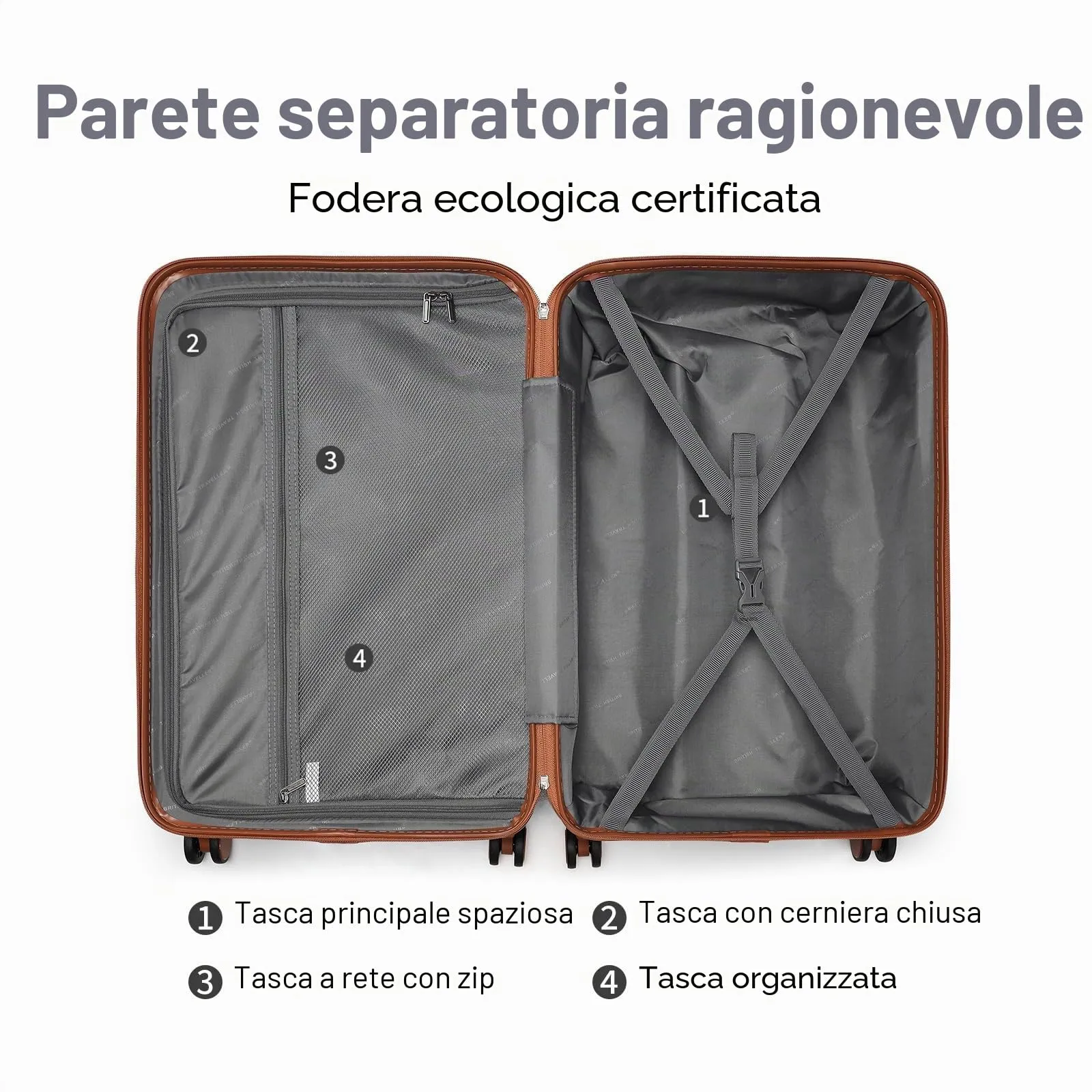 British Traveller Set di 2 Valige 31/54CM Valigia Trolley Rigida ABS+PC con Rotelle Girevoli e TSA Lucchetto (13+20pollici, Nero/Marrone) - immagine 7