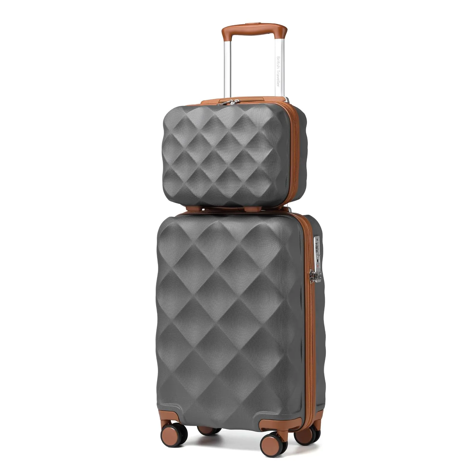 British Traveller Set di 2 Valige 31/54CM Valigia Trolley Rigida ABS+PC con Rotelle Girevoli e TSA Lucchetto (13+20pollici, Grigio/Marrone) - immagine 1