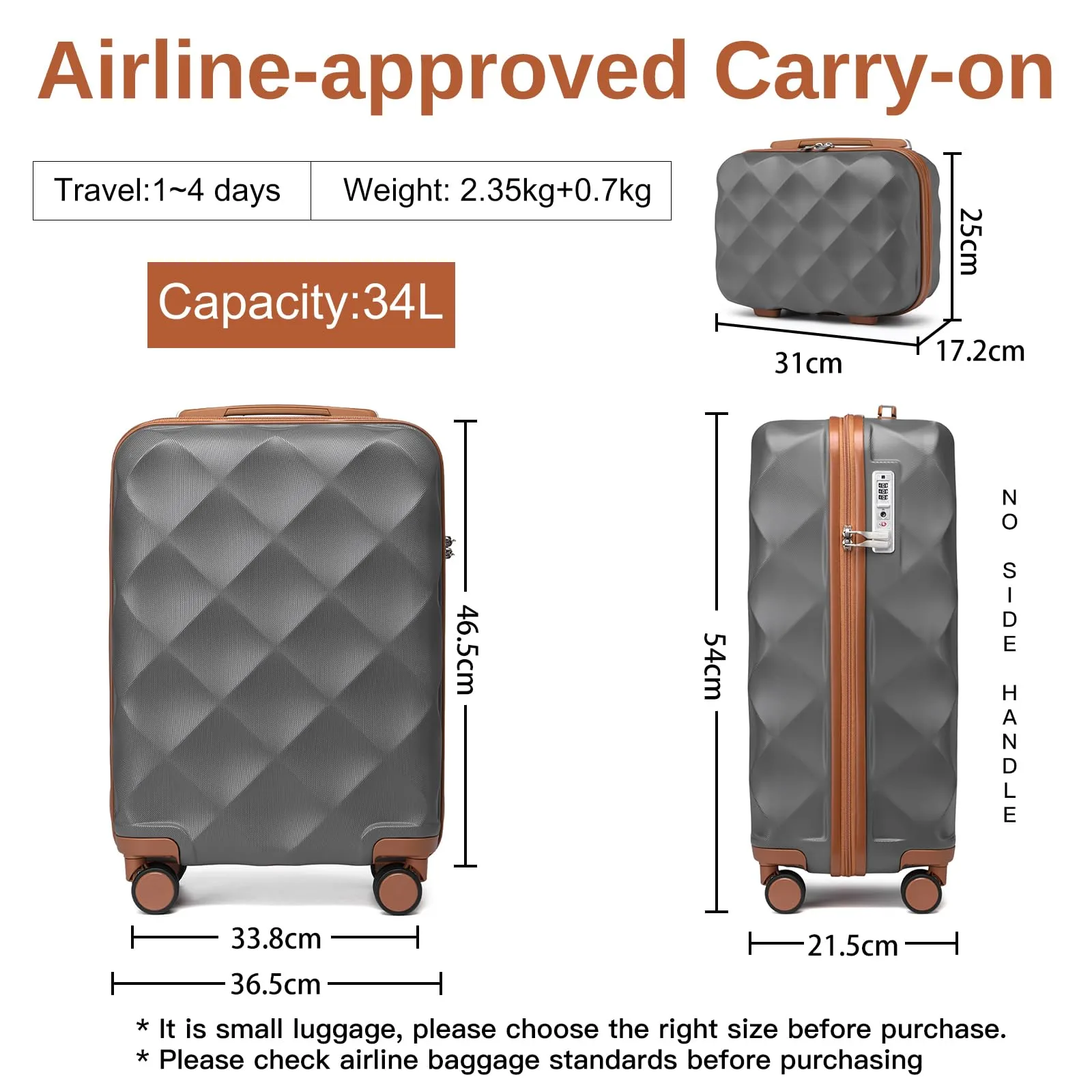 British Traveller Set di 2 Valige 31/54CM Valigia Trolley Rigida ABS+PC con Rotelle Girevoli e TSA Lucchetto (13+20pollici, Grigio/Marrone) - immagine 2