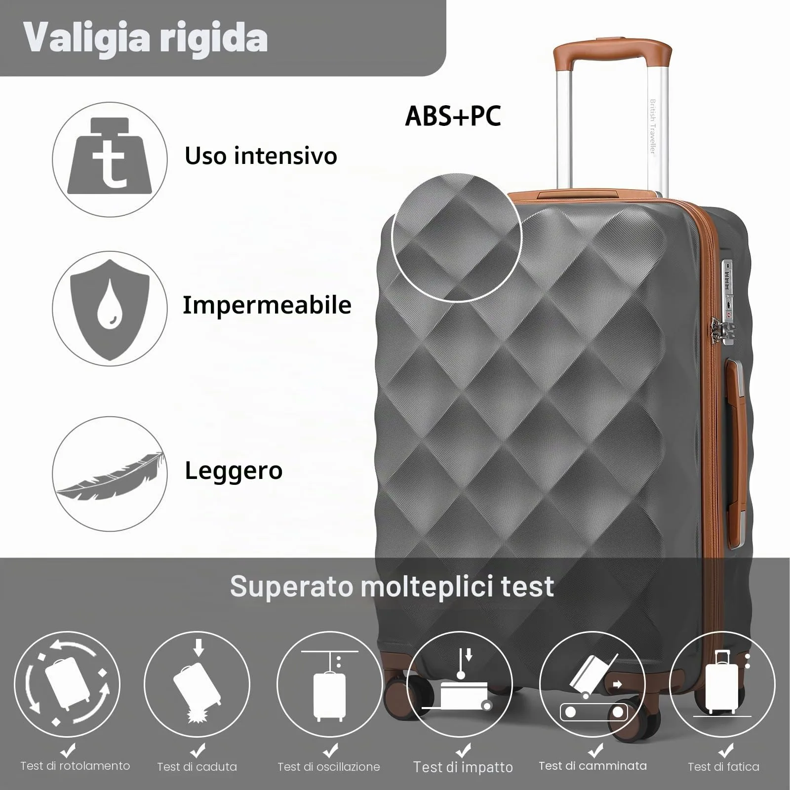 British Traveller Set di 2 Valige 31/54CM Valigia Trolley Rigida ABS+PC con Rotelle Girevoli e TSA Lucchetto (13+20pollici, Grigio/Marrone) - immagine 3