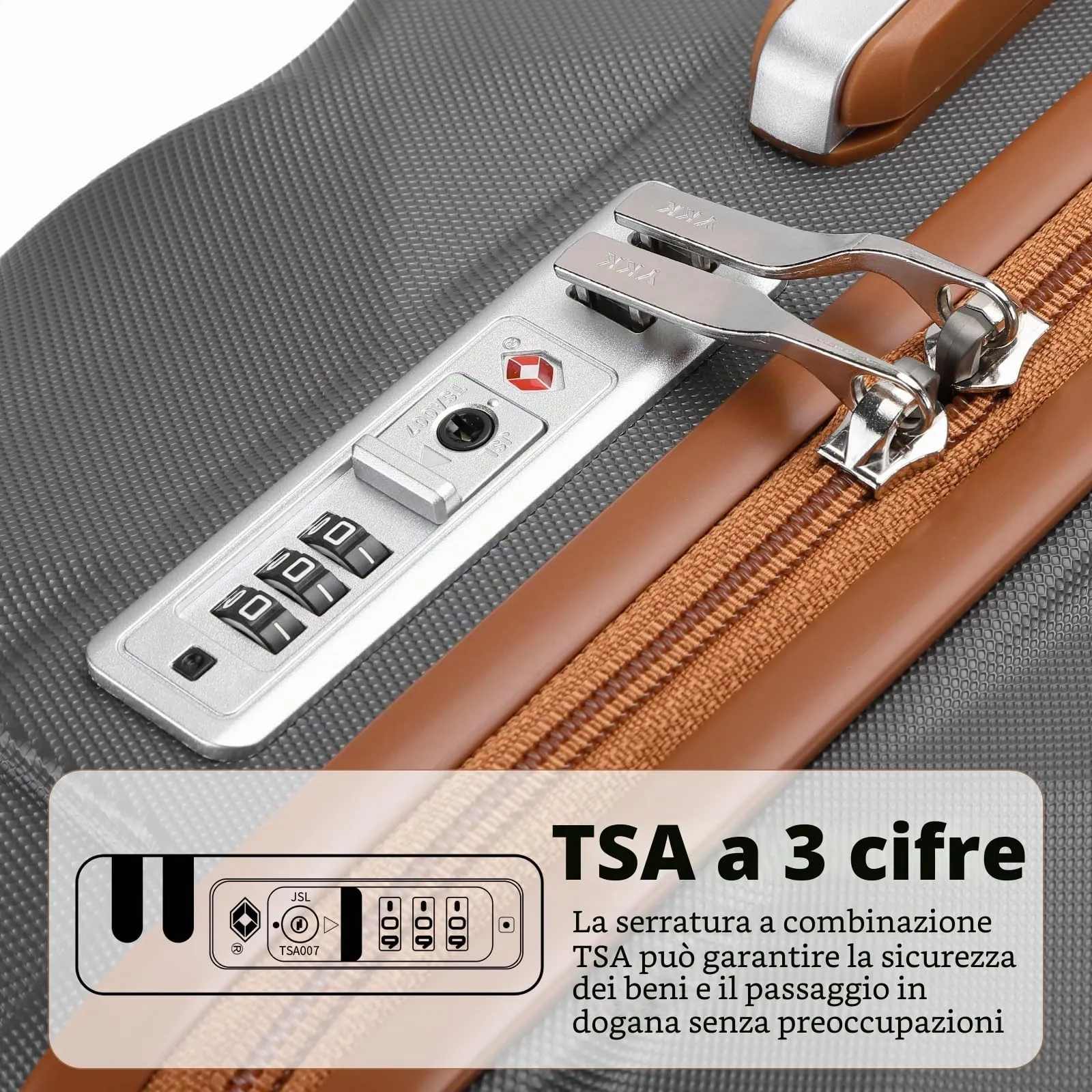 British Traveller Set di 2 Valige 31/54CM Valigia Trolley Rigida ABS+PC con Rotelle Girevoli e TSA Lucchetto (13+20pollici, Grigio/Marrone) - immagine 4