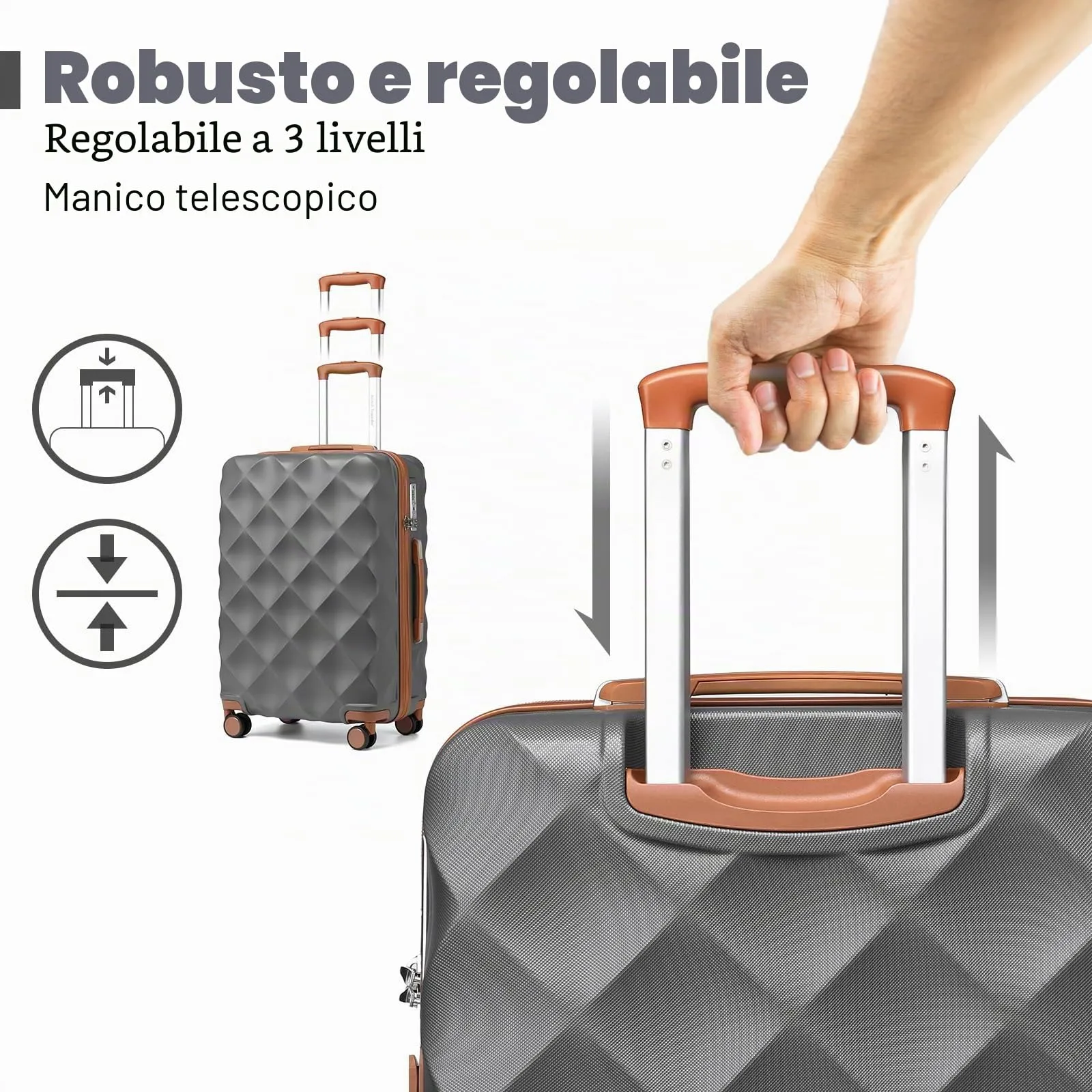 British Traveller Set di 2 Valige 31/54CM Valigia Trolley Rigida ABS+PC con Rotelle Girevoli e TSA Lucchetto (13+20pollici, Grigio/Marrone) - immagine 5