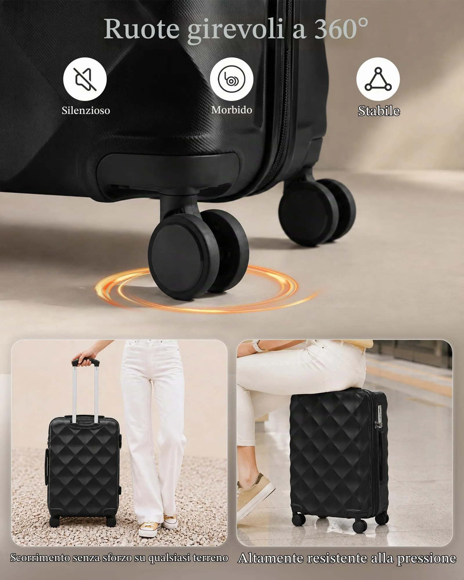 British Traveller Valigia 64cm Medium Rigida ABS+PC 4 Ruote TSA Nero - immagine 4
