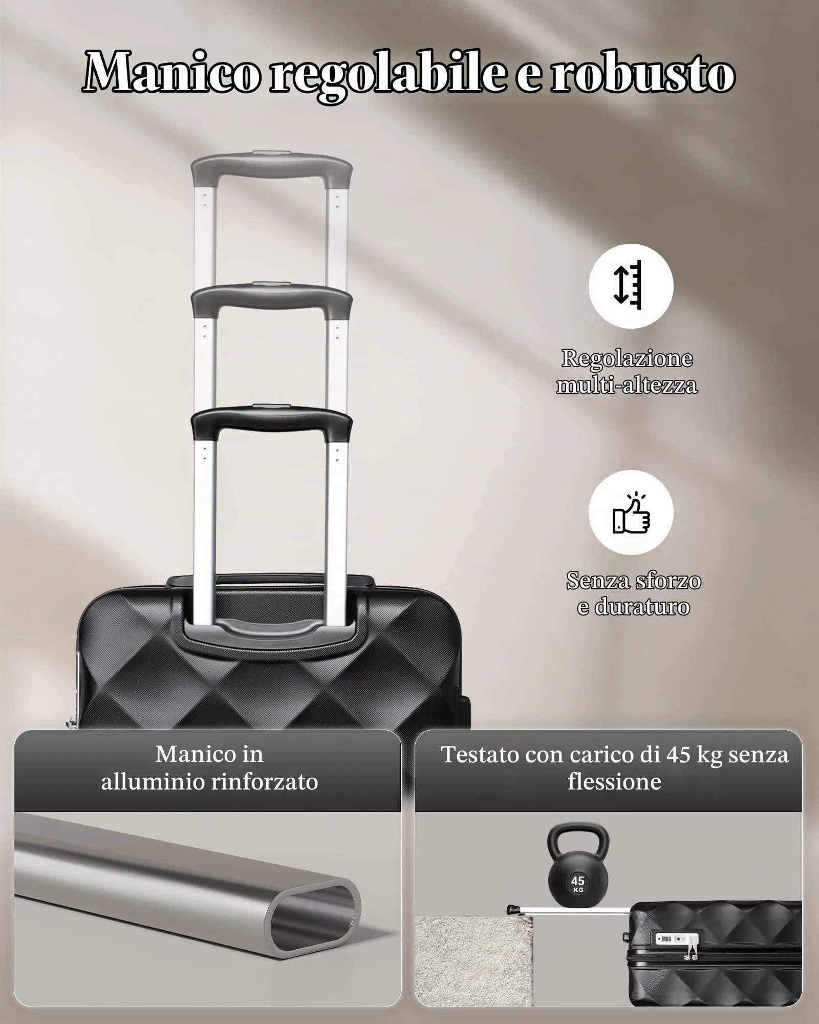 British Traveller Valigia 64cm Medium Rigida ABS+PC 4 Ruote TSA Nero - immagine 5