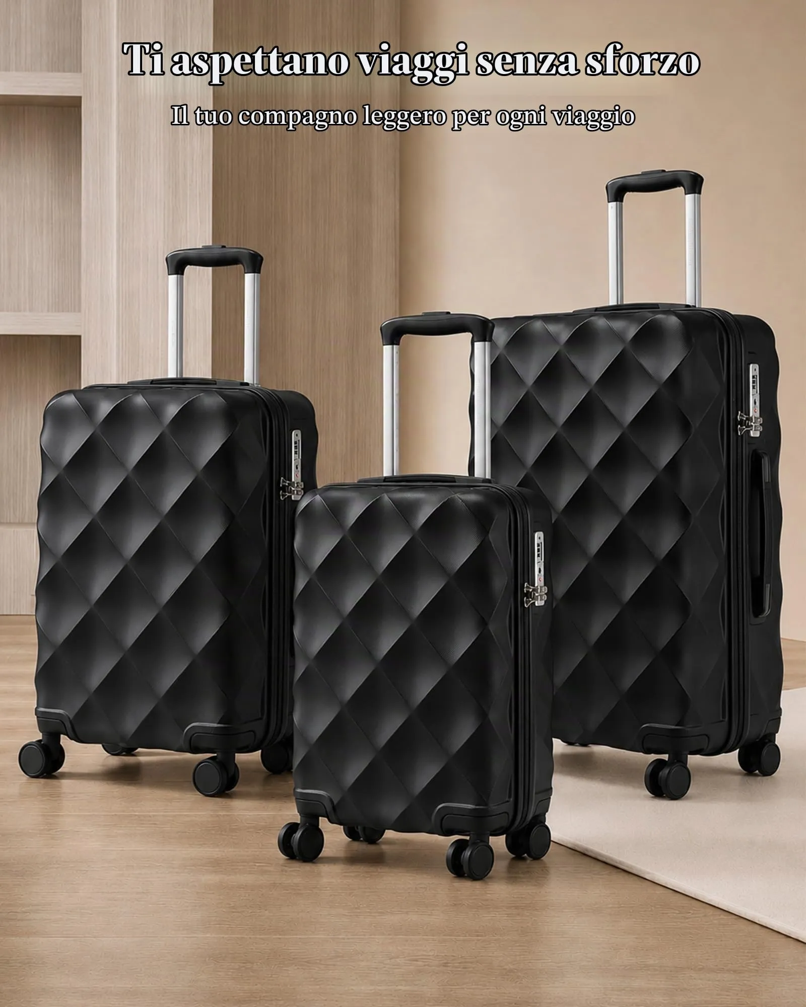 British Traveller Valigia 64cm Medium Rigida ABS+PC 4 Ruote TSA Nero - immagine 6