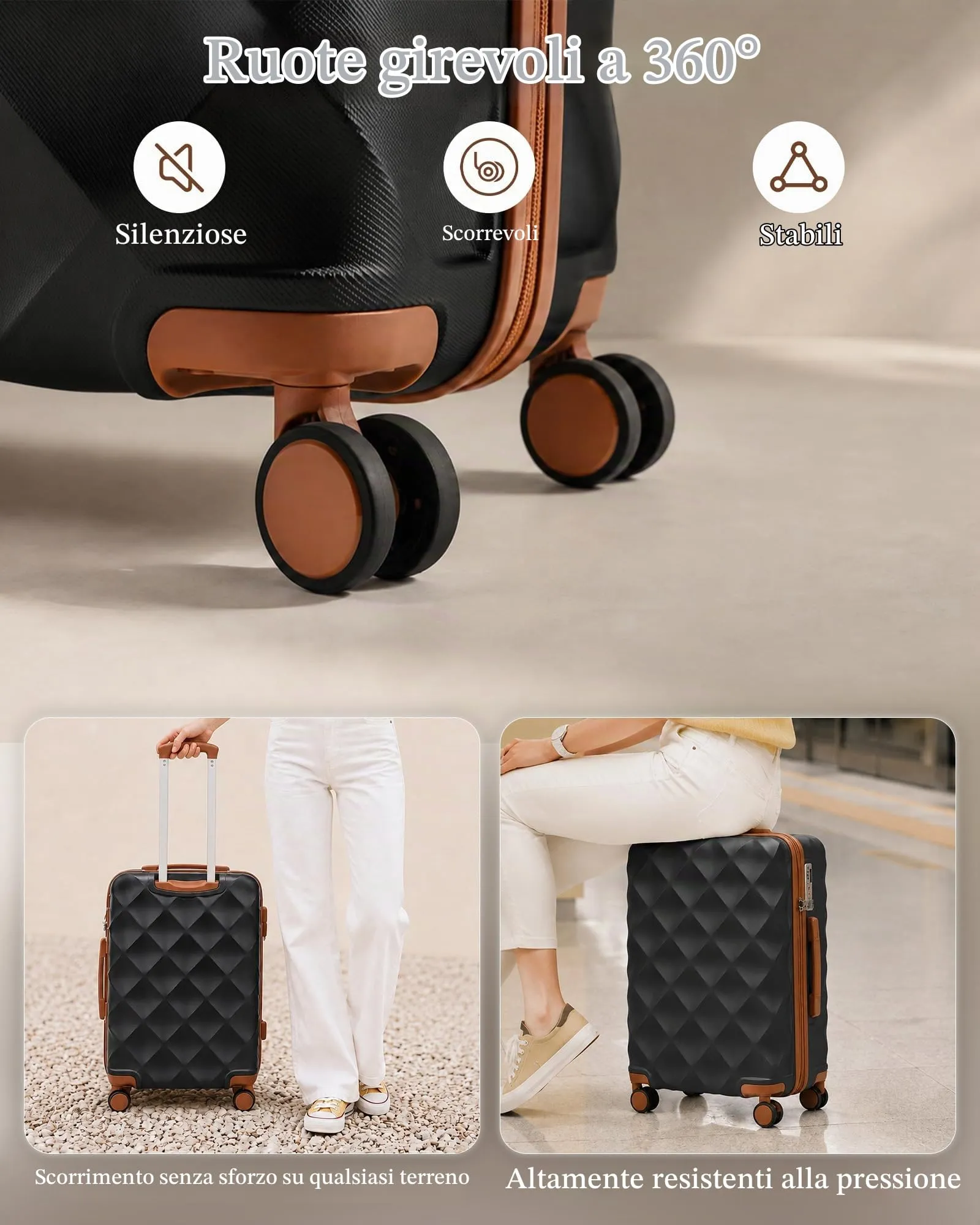 British Traveller Valigia 54CM Rigida ABS+PC 4 Ruote TSA Nero/Marrone - immagine 4
