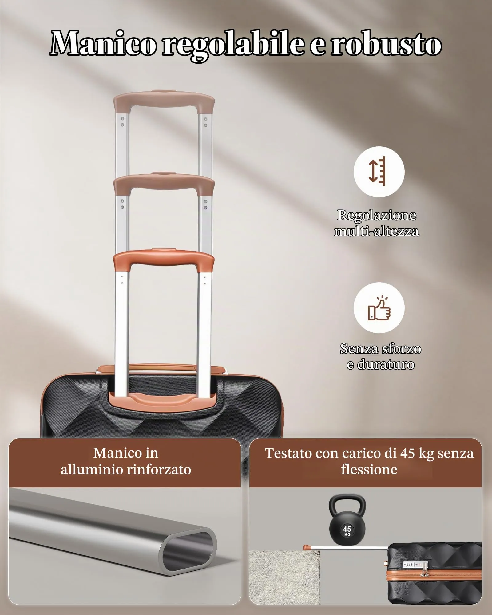 British Traveller Valigia 54CM Rigida ABS+PC 4 Ruote TSA Nero/Marrone - immagine 5