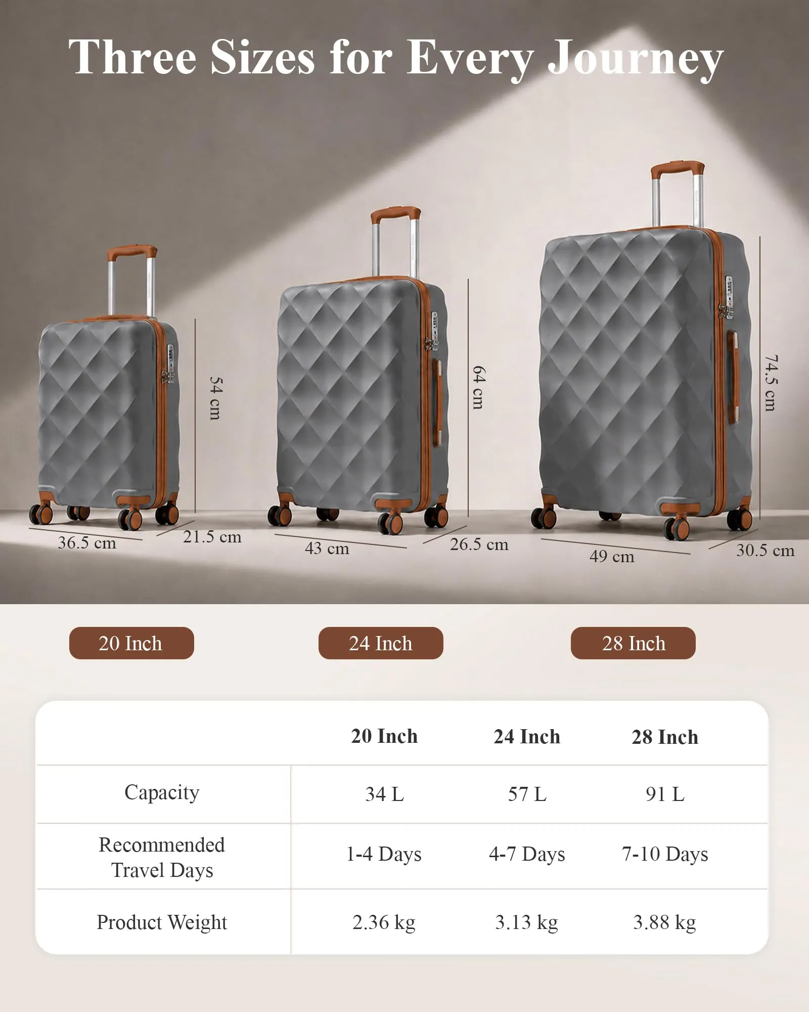 British Traveller Valigia 74,5CM Rigida ABS+PC 4 Ruote TSA Grigio/Marrone - immagine 3