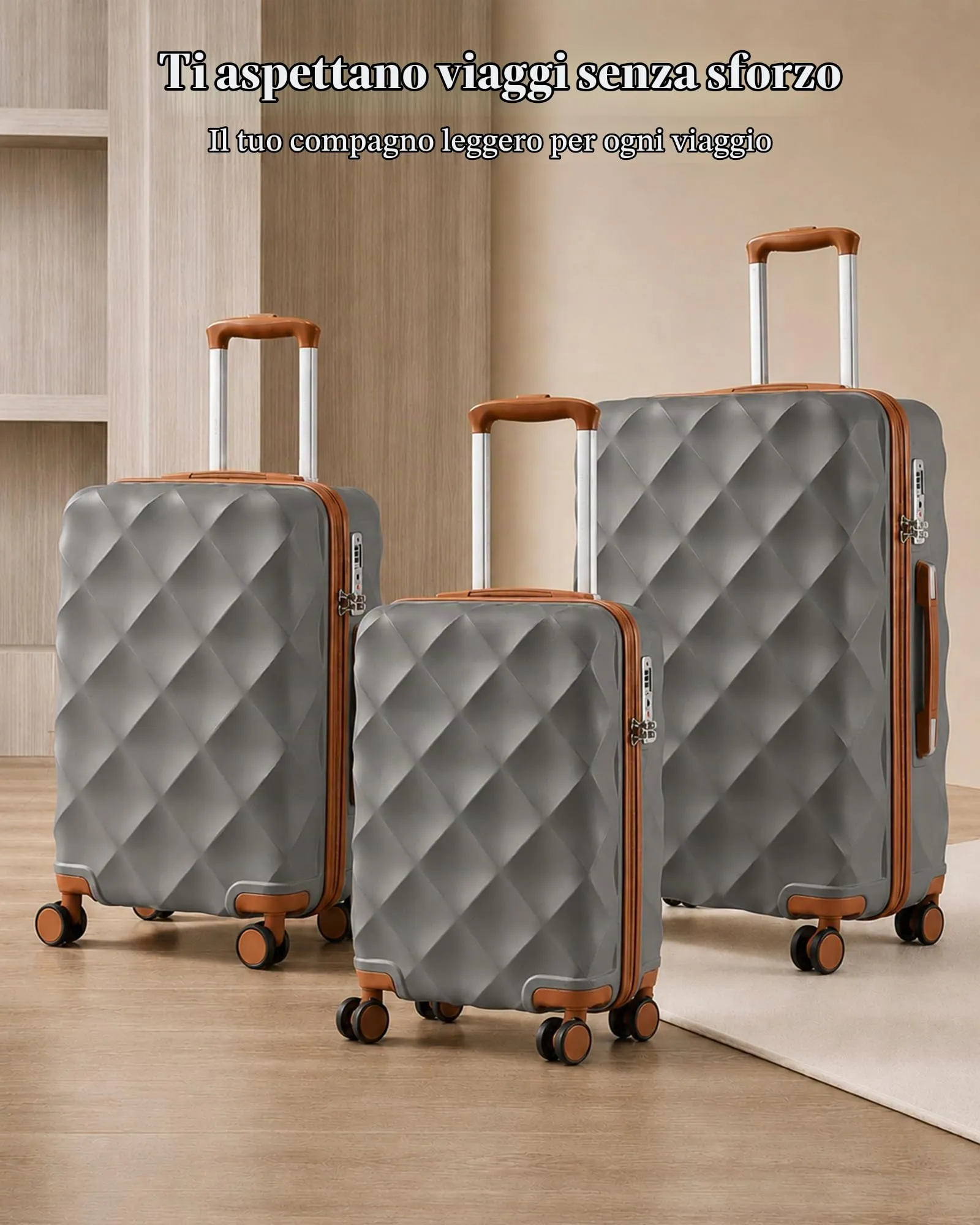 British Traveller Valigia 74,5CM Rigida ABS+PC 4 Ruote TSA Grigio/Marrone - immagine 6