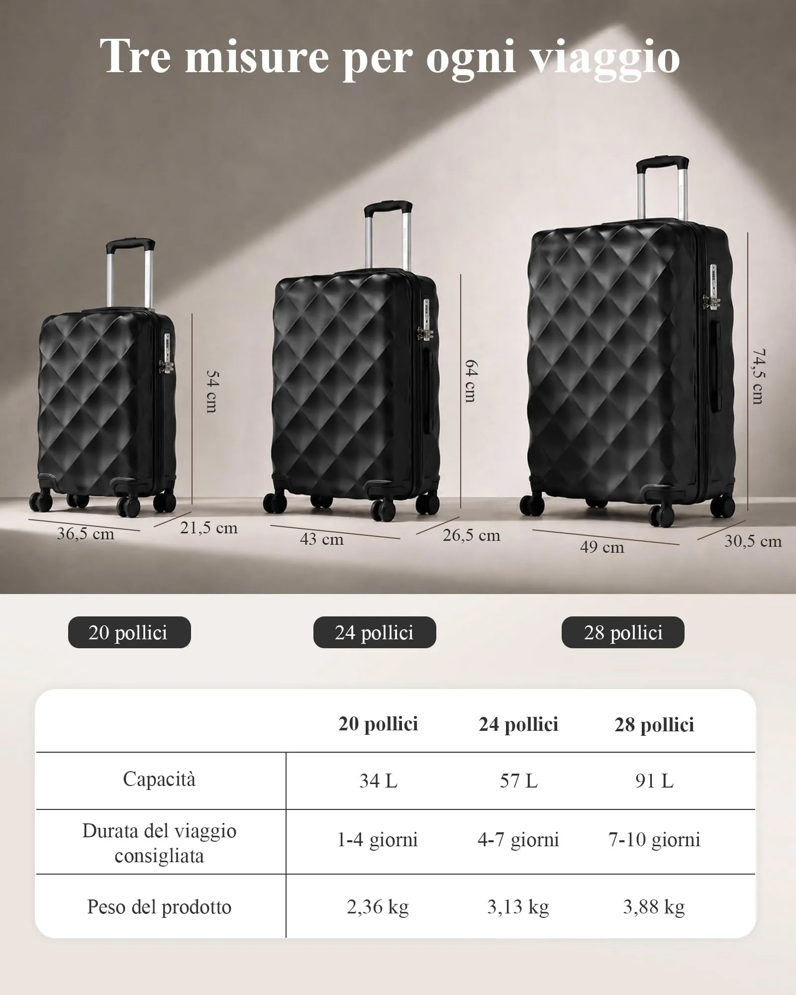 British Traveller Valigia 74,5CM Rigida ABS+PC 4 Ruote TSA Nero - immagine 3