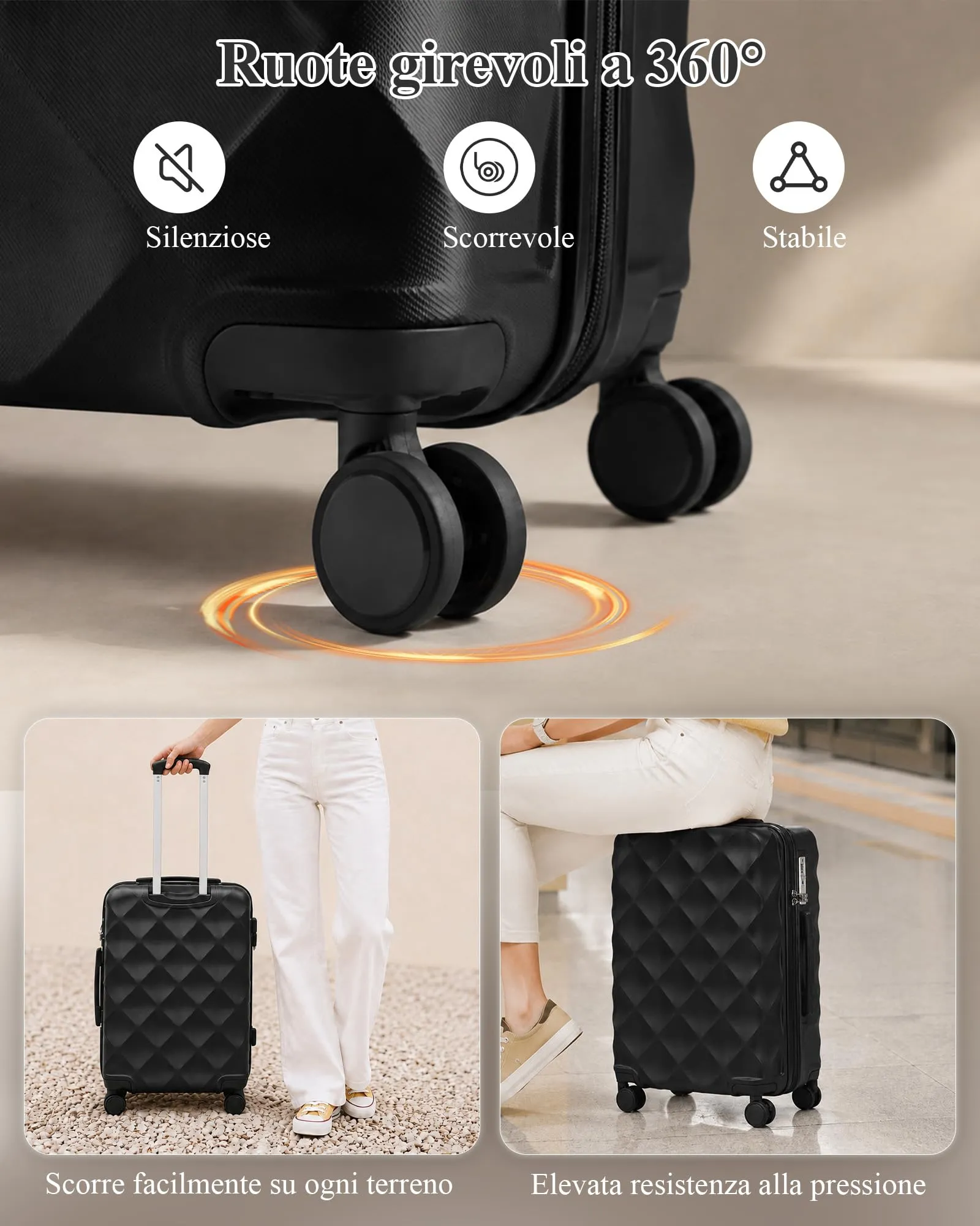 British Traveller Valigia 74,5CM Rigida ABS+PC 4 Ruote TSA Nero - immagine 4